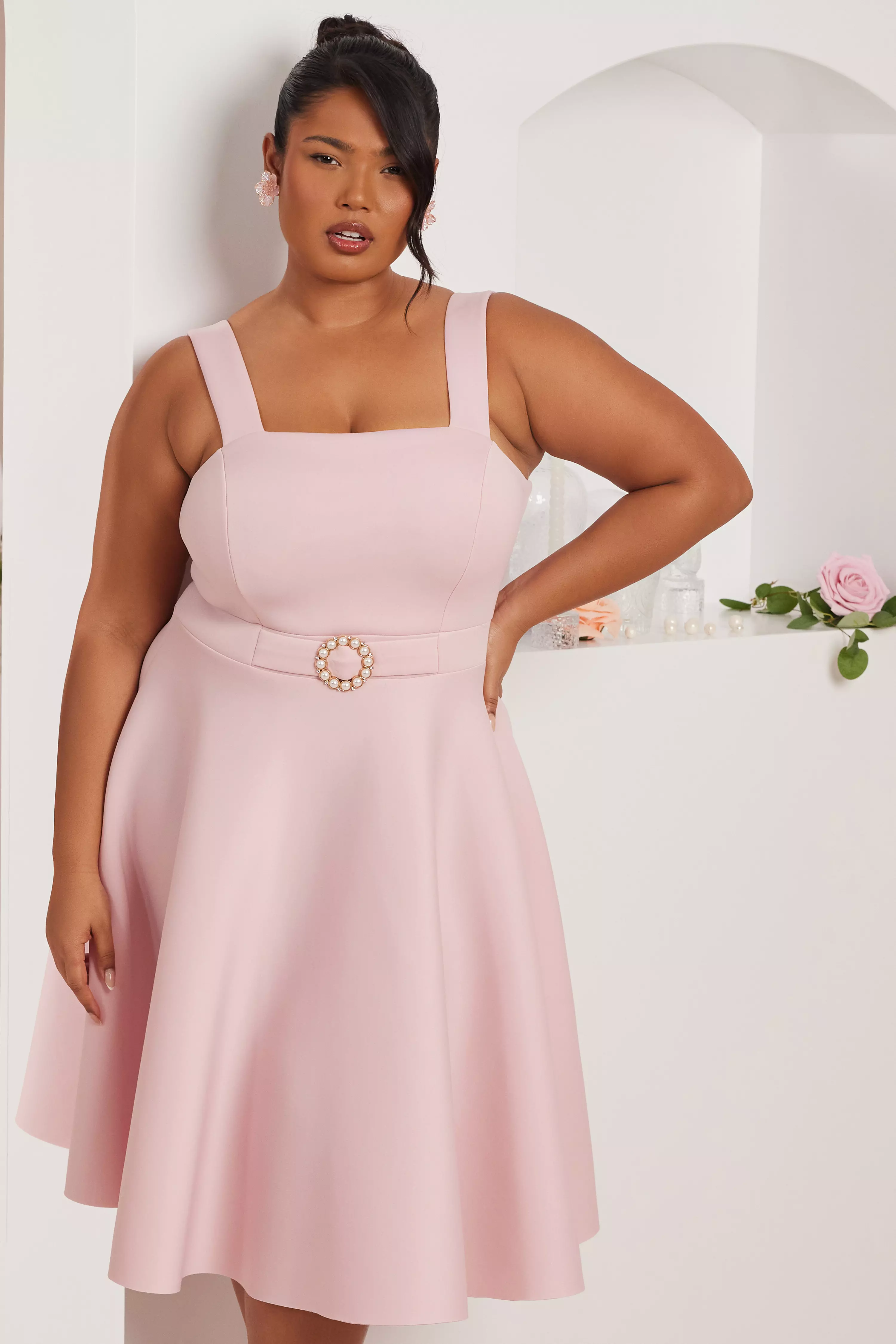 Curve Pink Belted Skater Dress