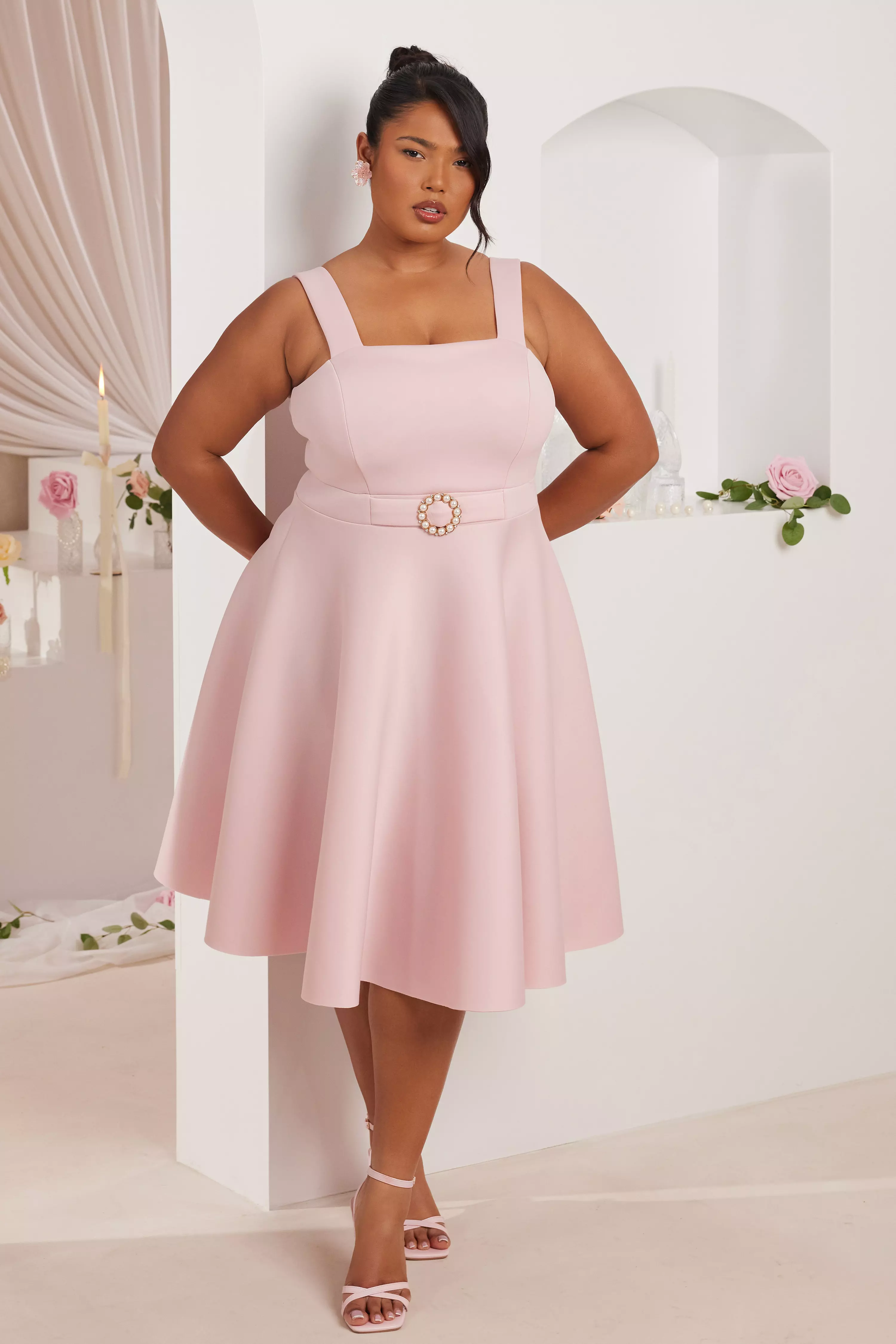 Curve Pink Belted Skater Dress