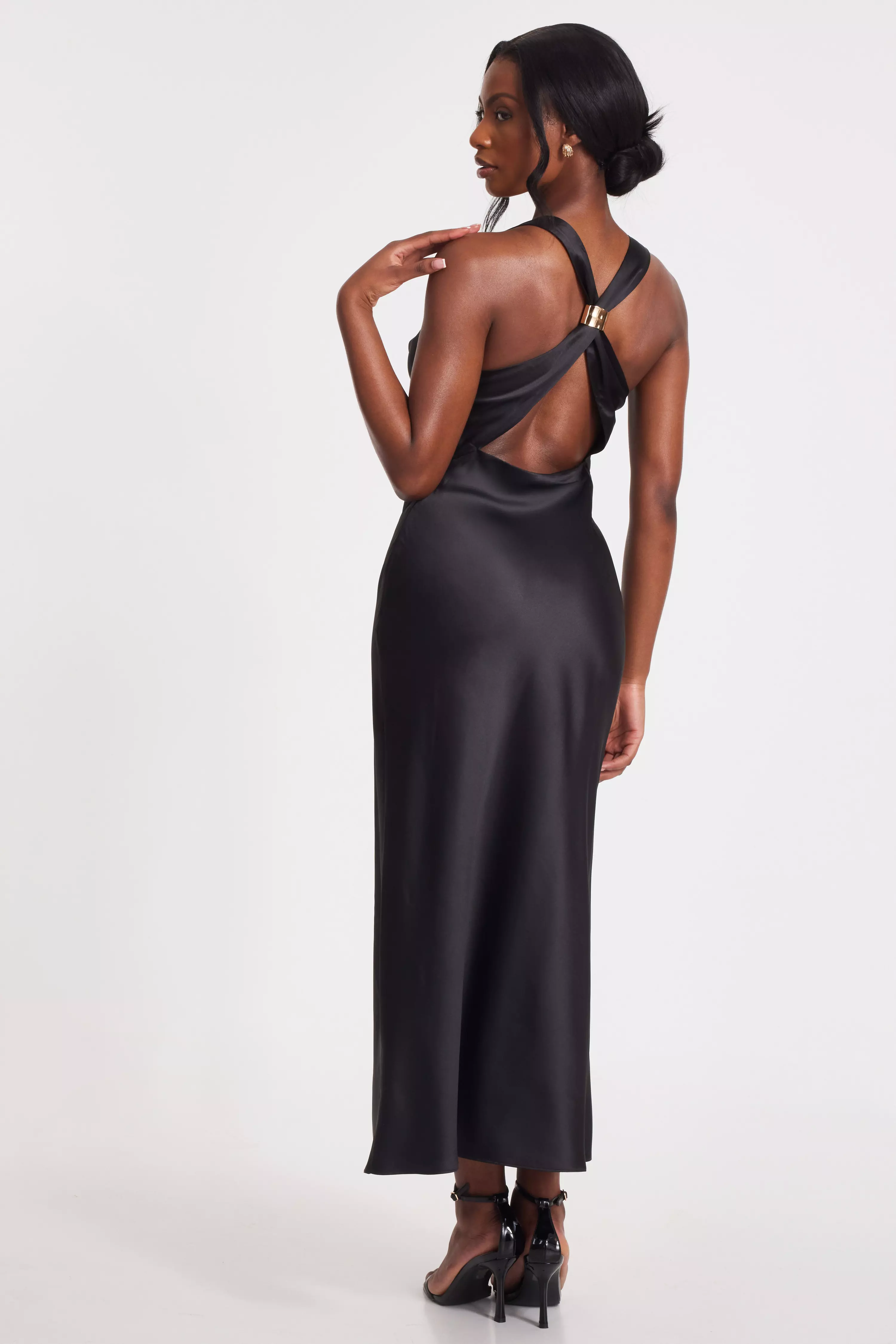 Black Satin Cowl Neck Midaxi Dress