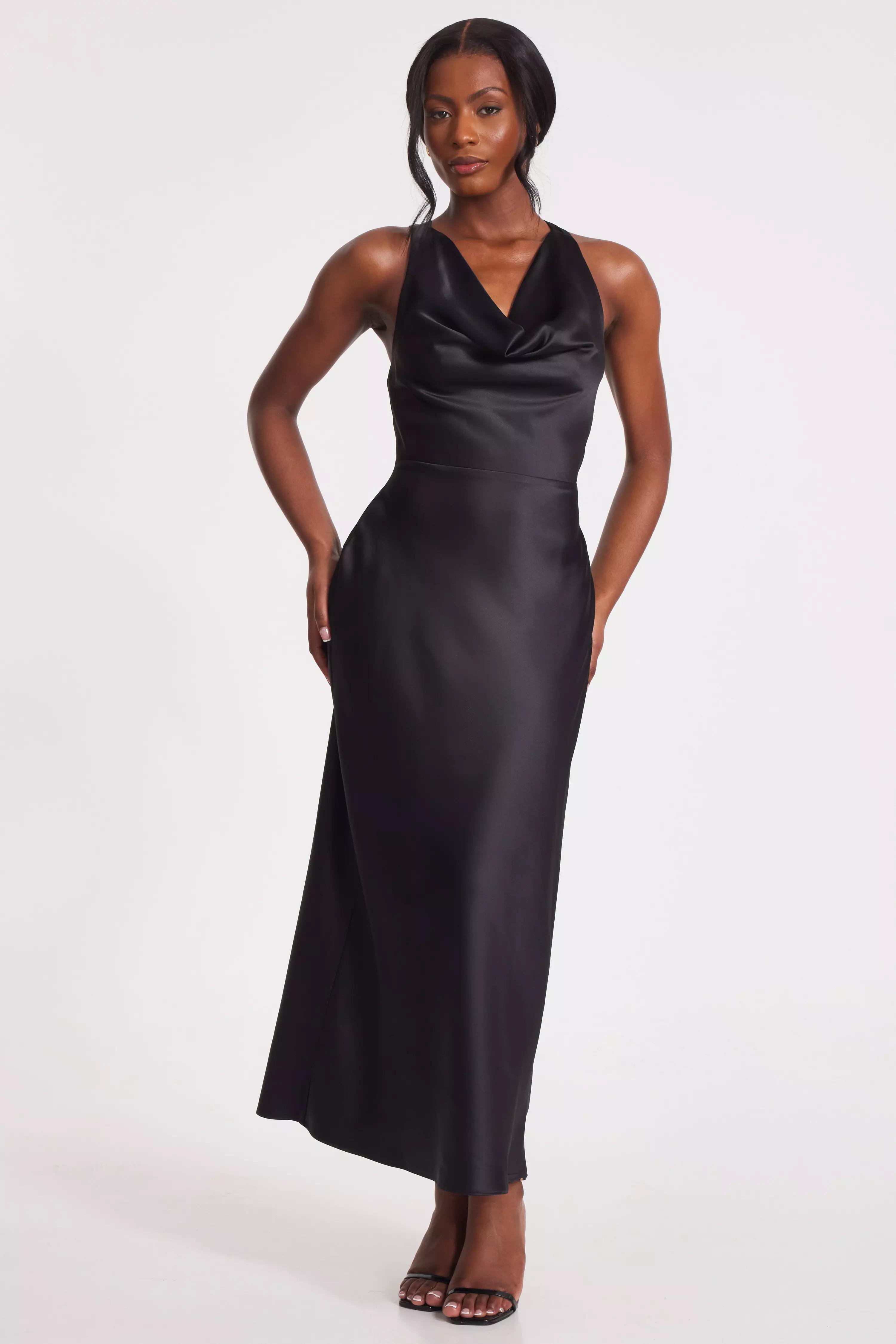 Black Satin Cowl Midaxi Dress