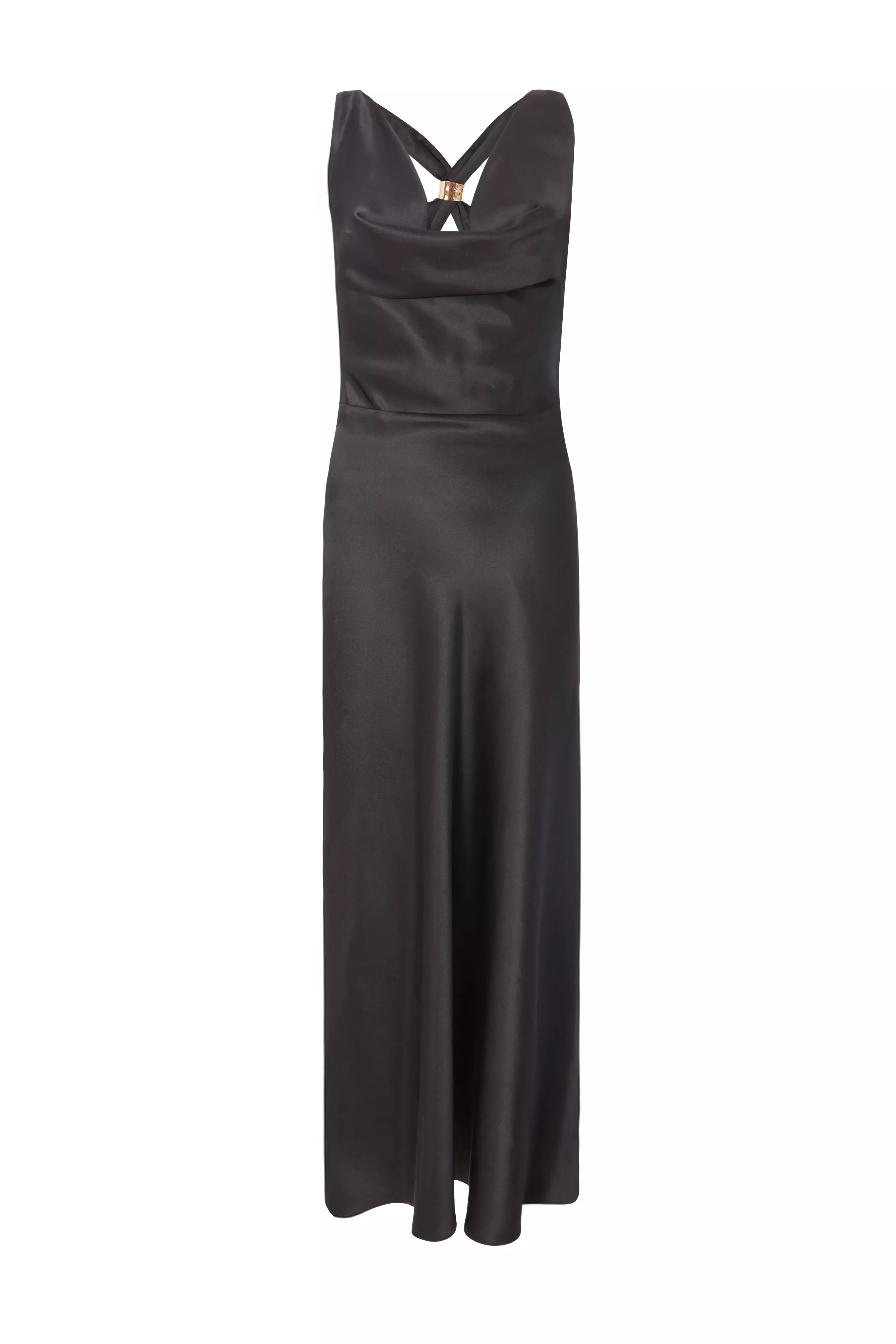 Black Satin Cowl Neck Midaxi Dress