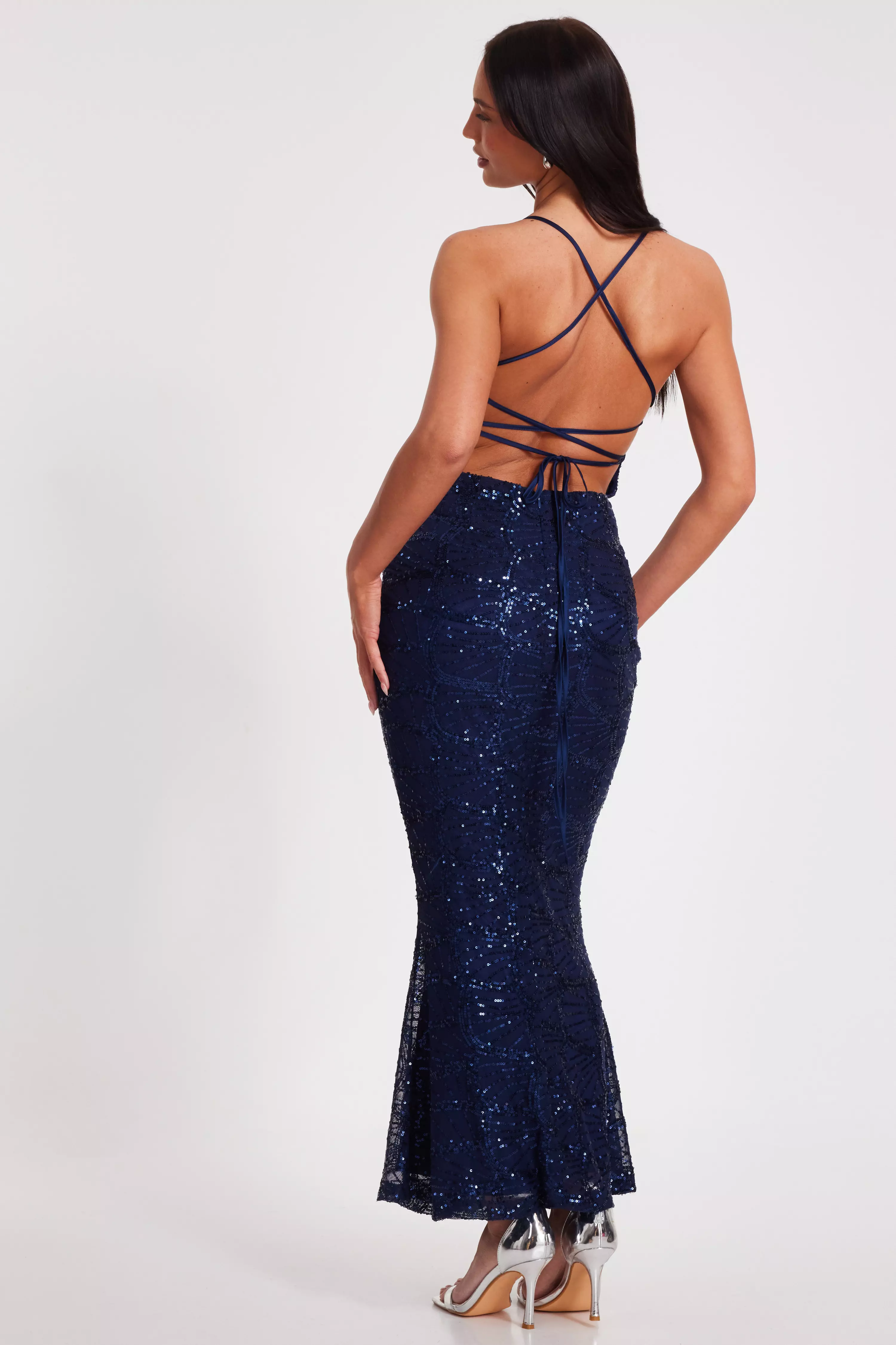 Navy Sequin Fishtail Maxi Dress