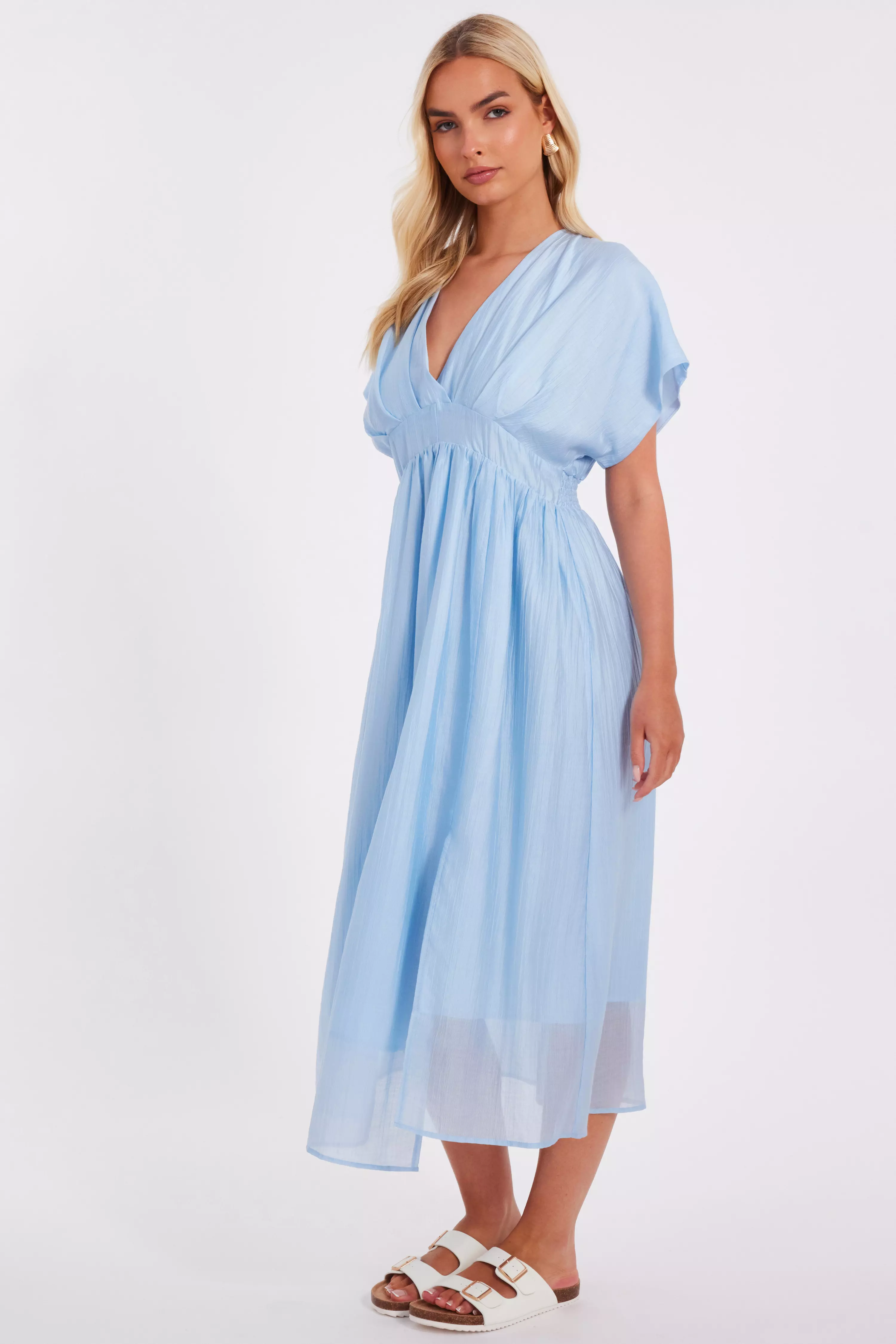 Blue V-Neck Midi Dress
