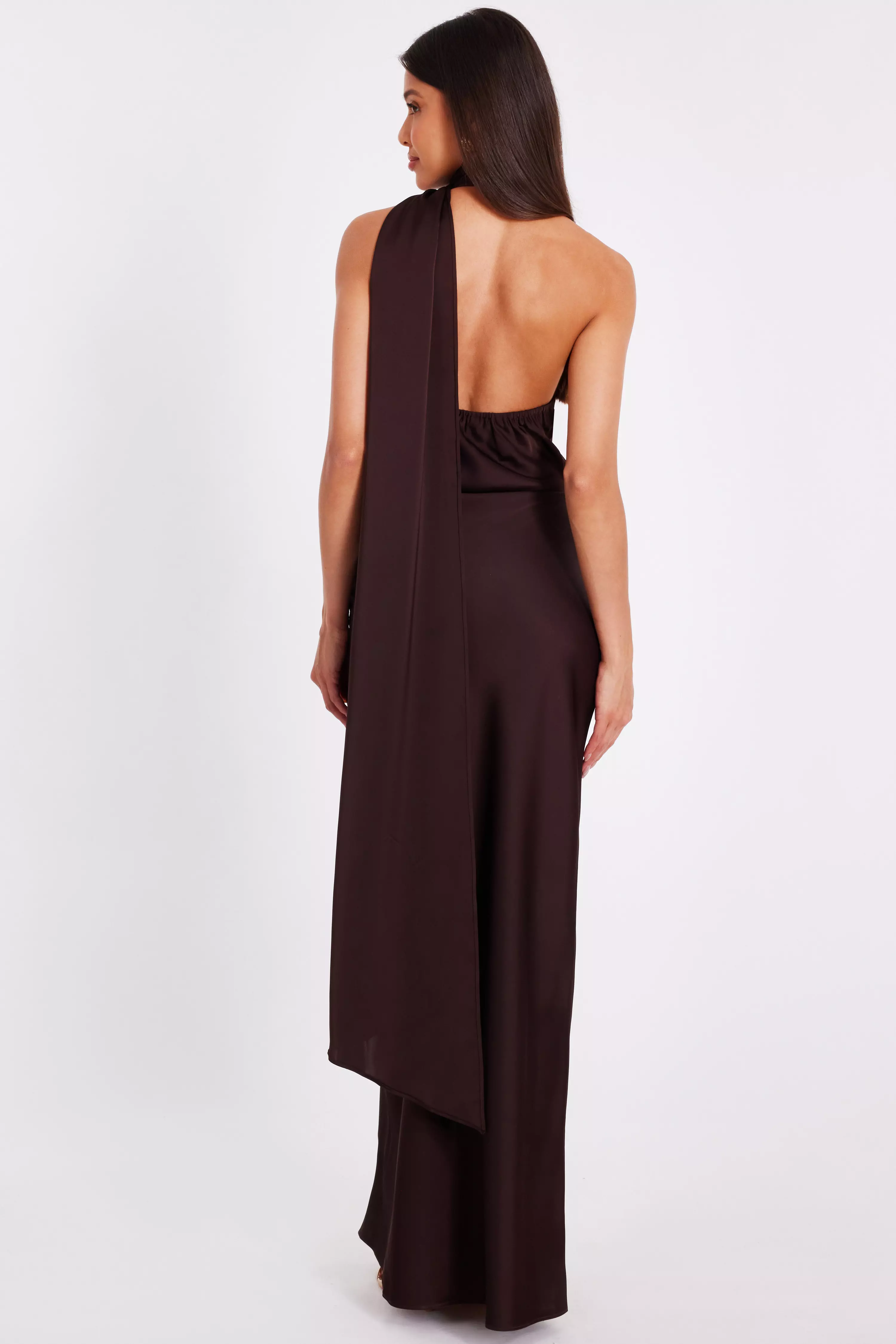 Brown Satin Wrap Neck Maxi Dress