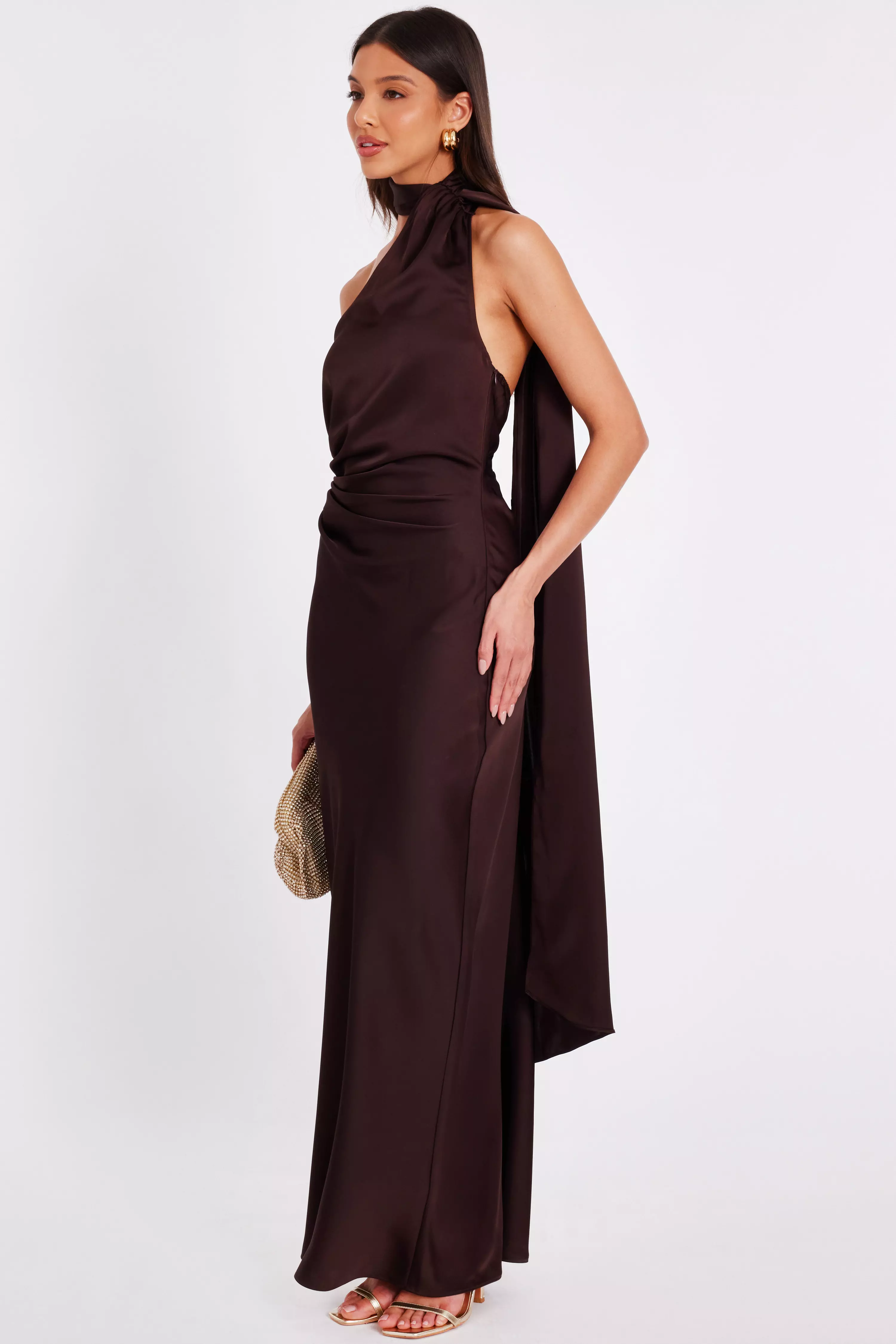 Brown Satin Wrap Neck Maxi Dress