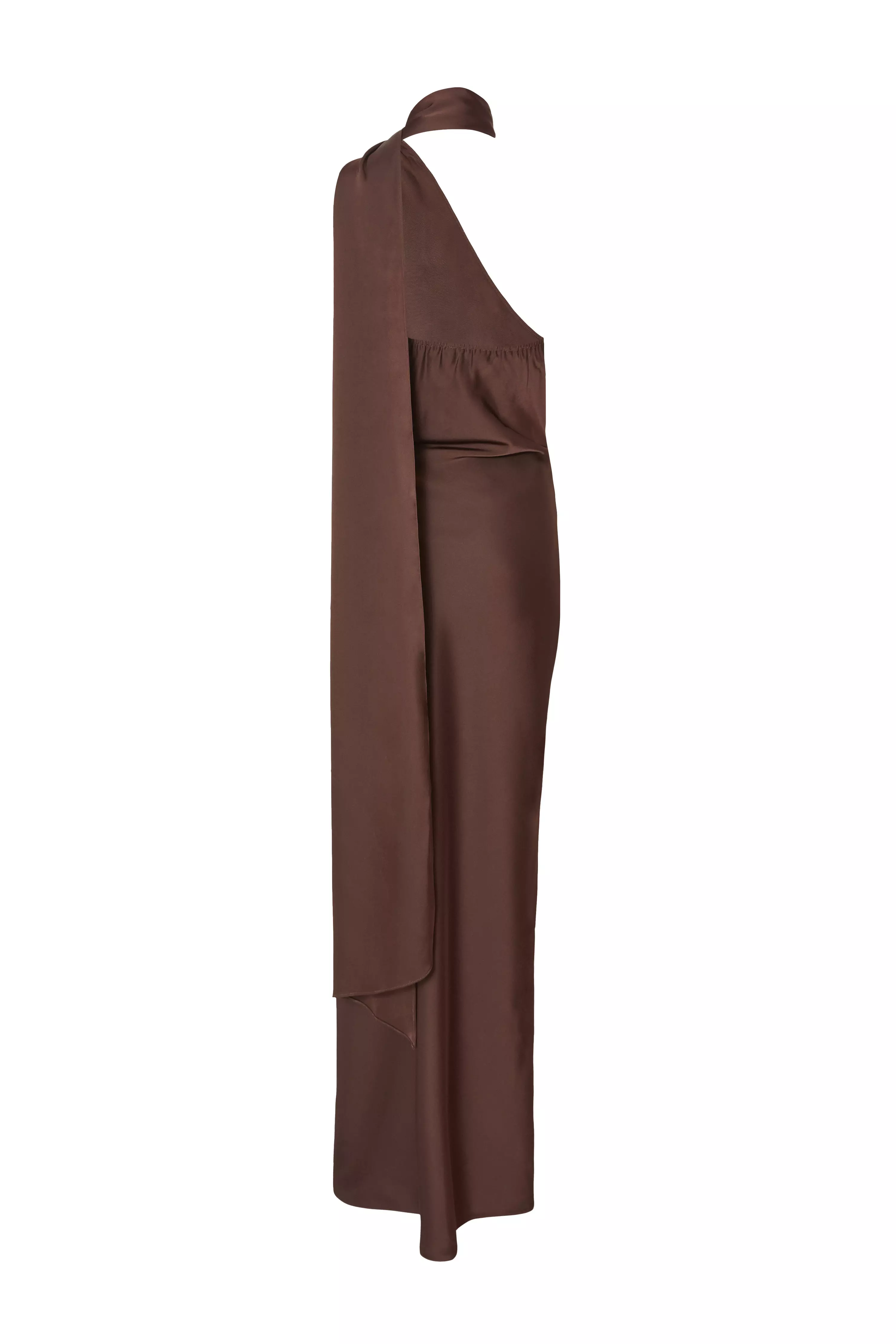 Brown Satin Wrap Neck Maxi Dress