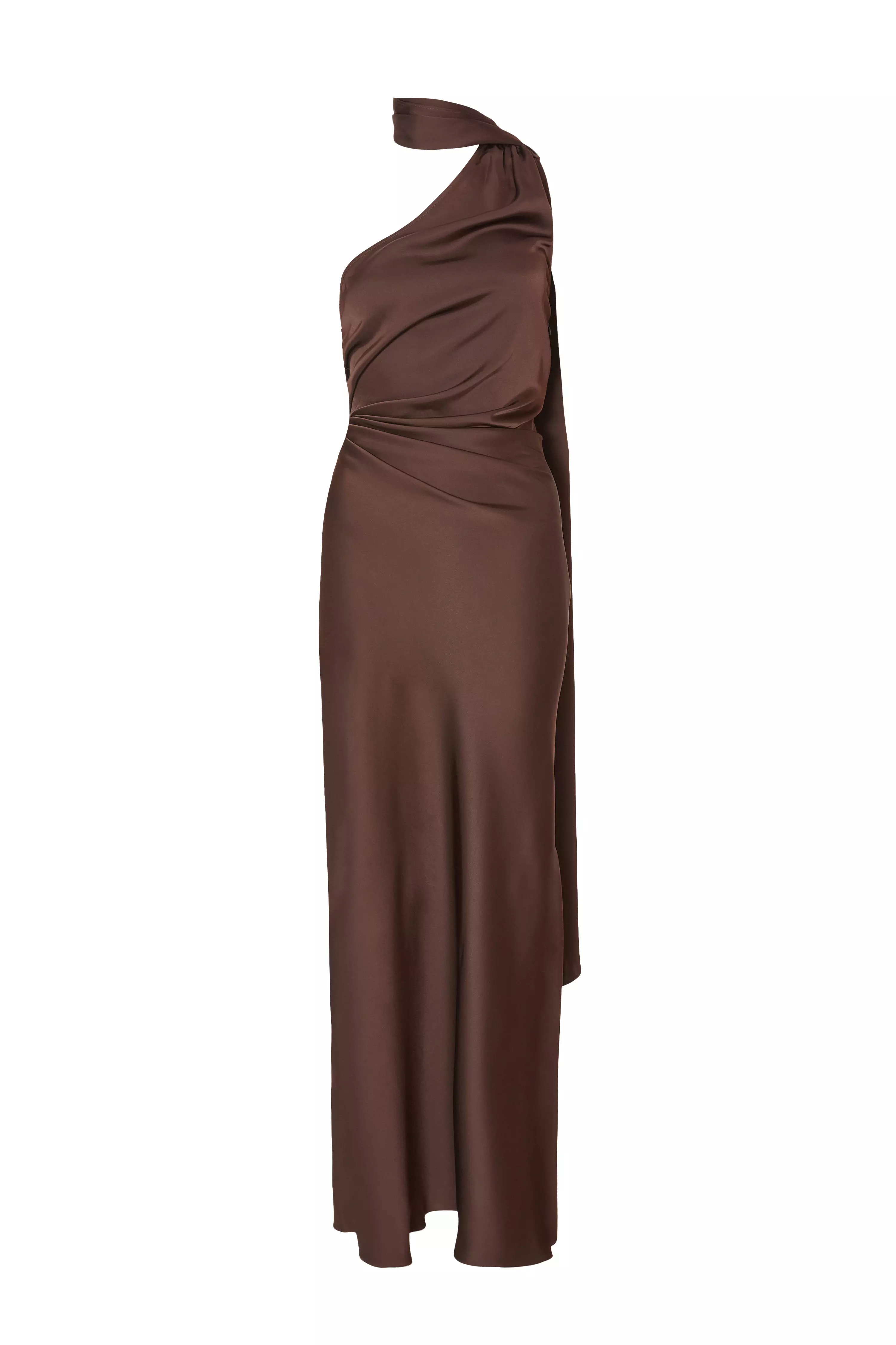 Brown Satin Wrap Neck Maxi Dress
