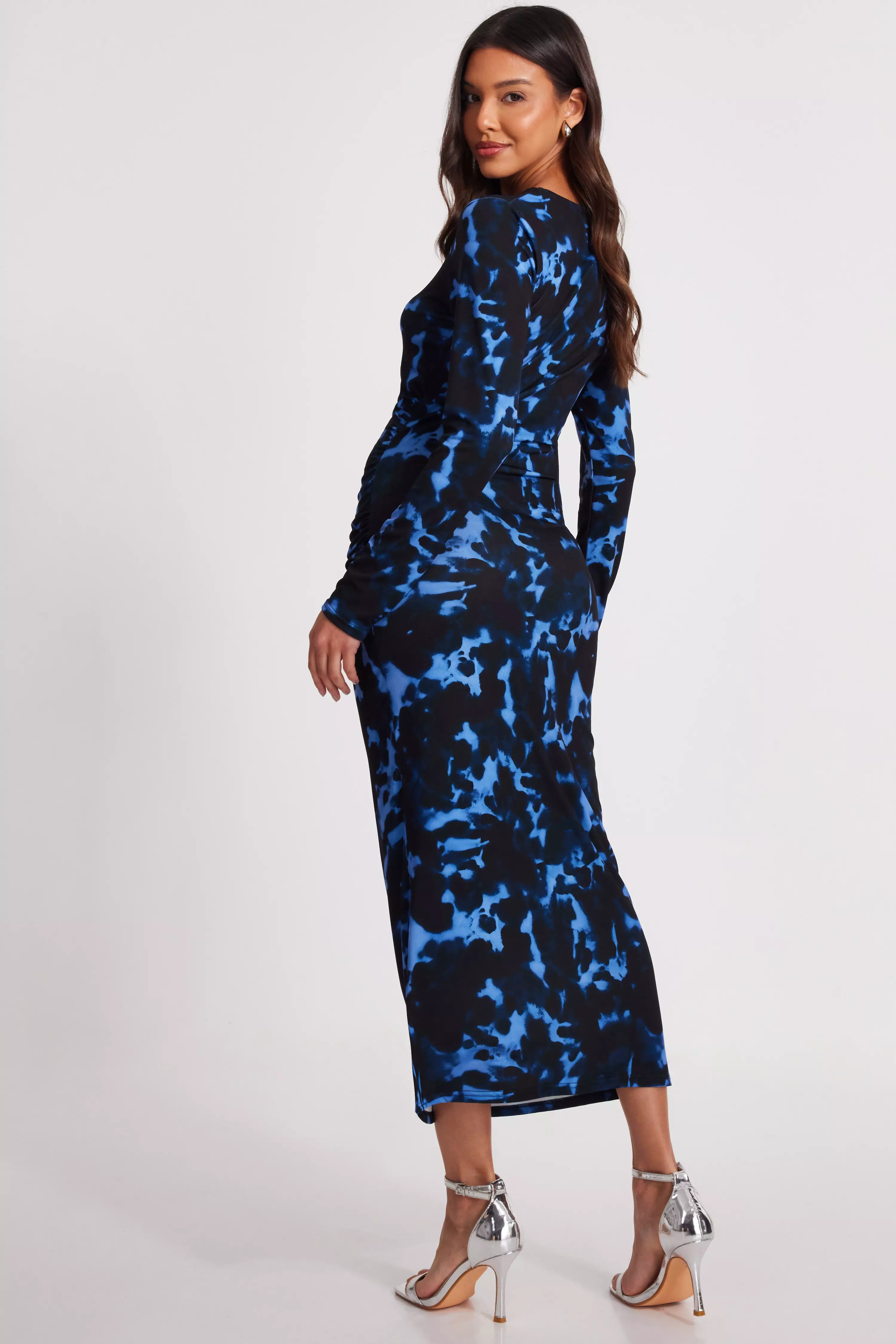 Blue Marble Ruched Midi Dress