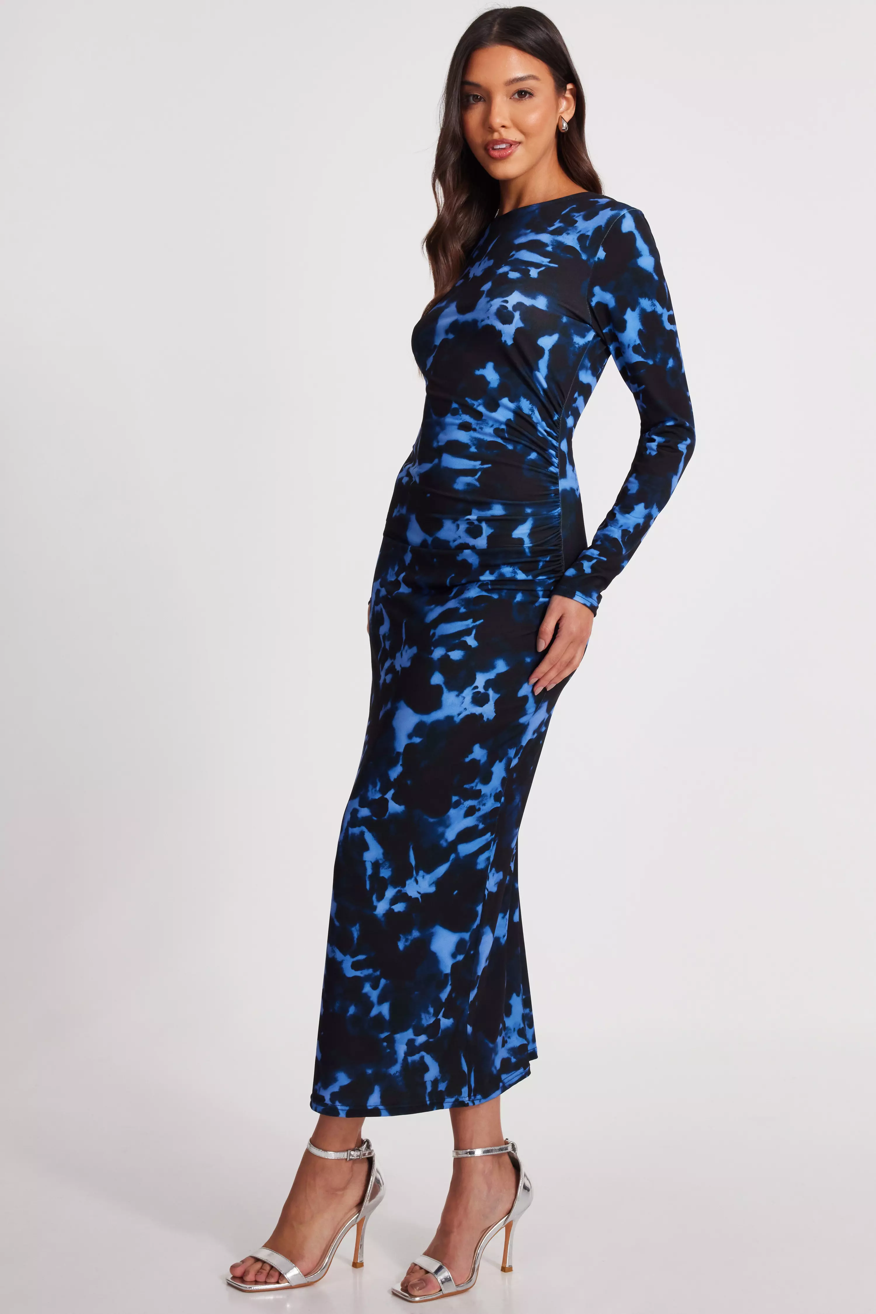 Blue Marble Ruched Midi Dress