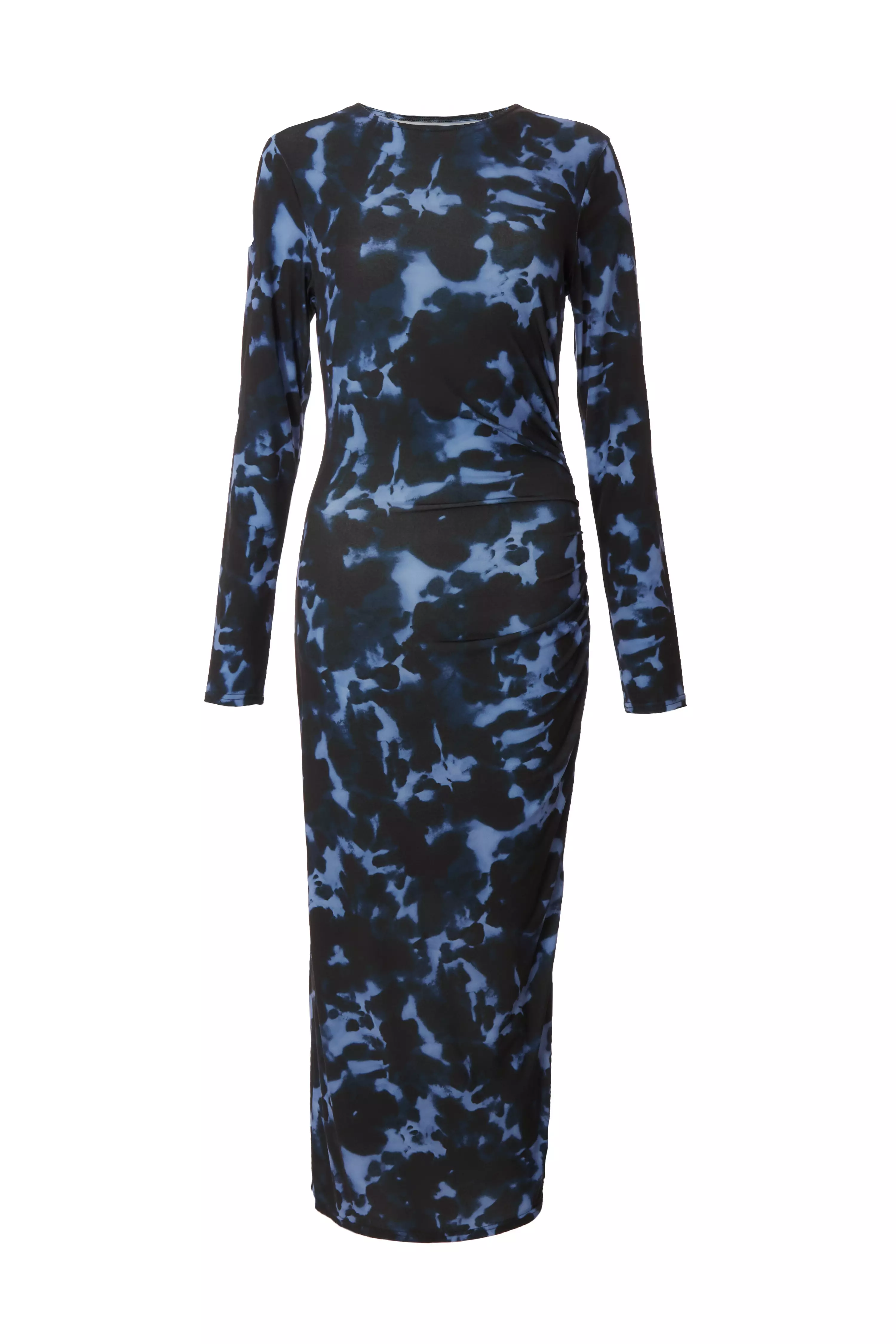 Blue Marble Ruched Midi Dress