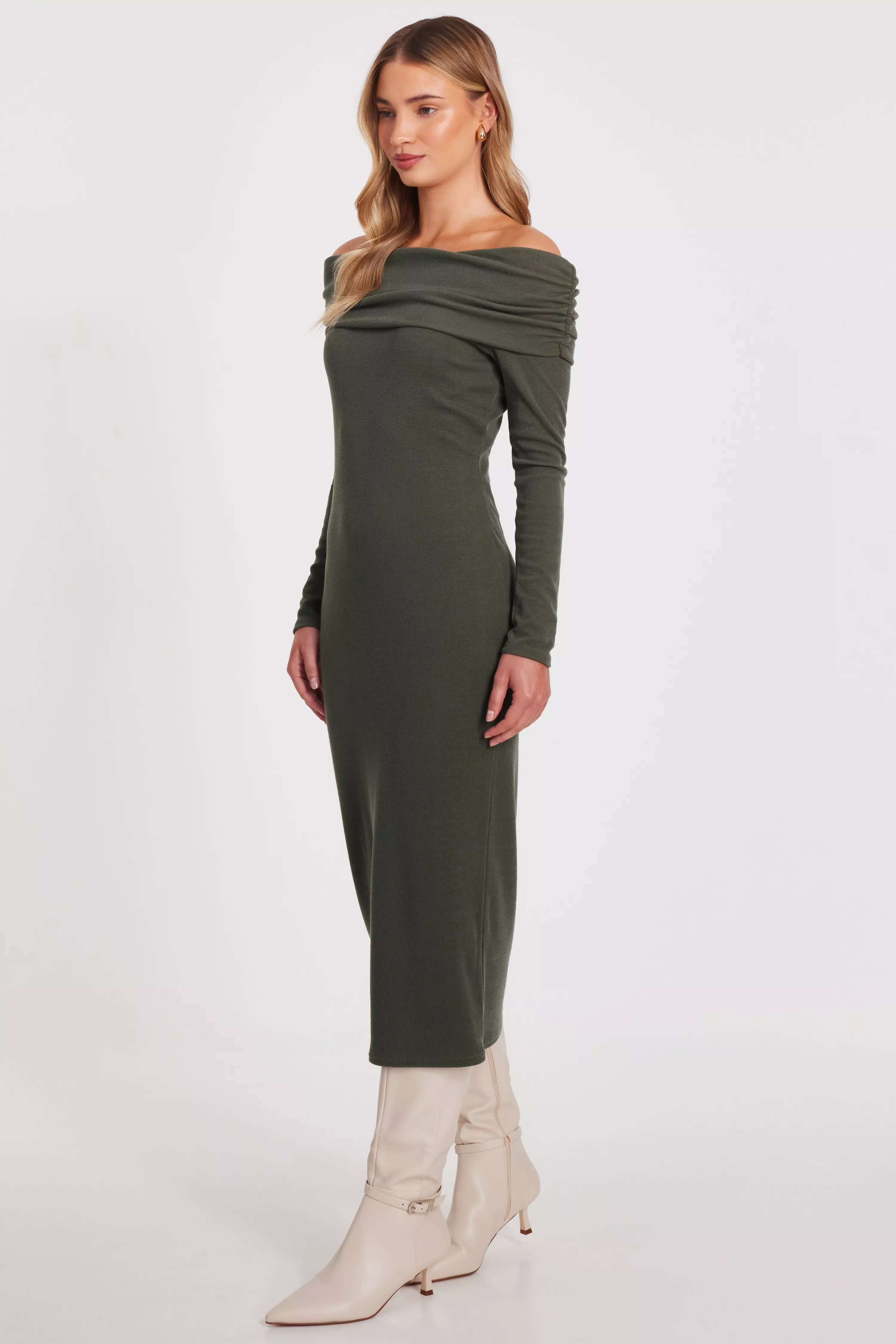 Khaki Ribbed Bardot Midi Dress