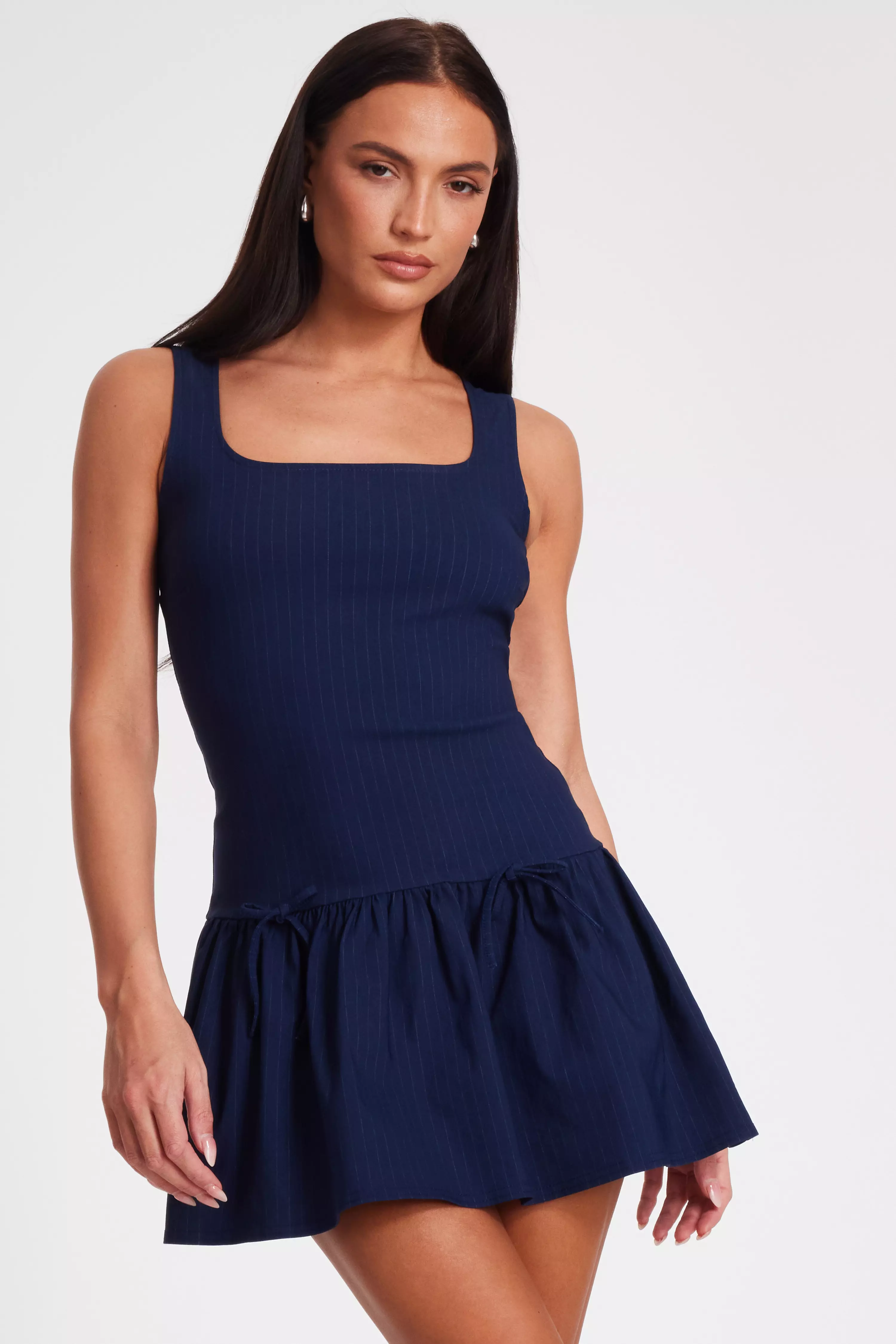 Navy Pinstripe Pleated Mini Dress