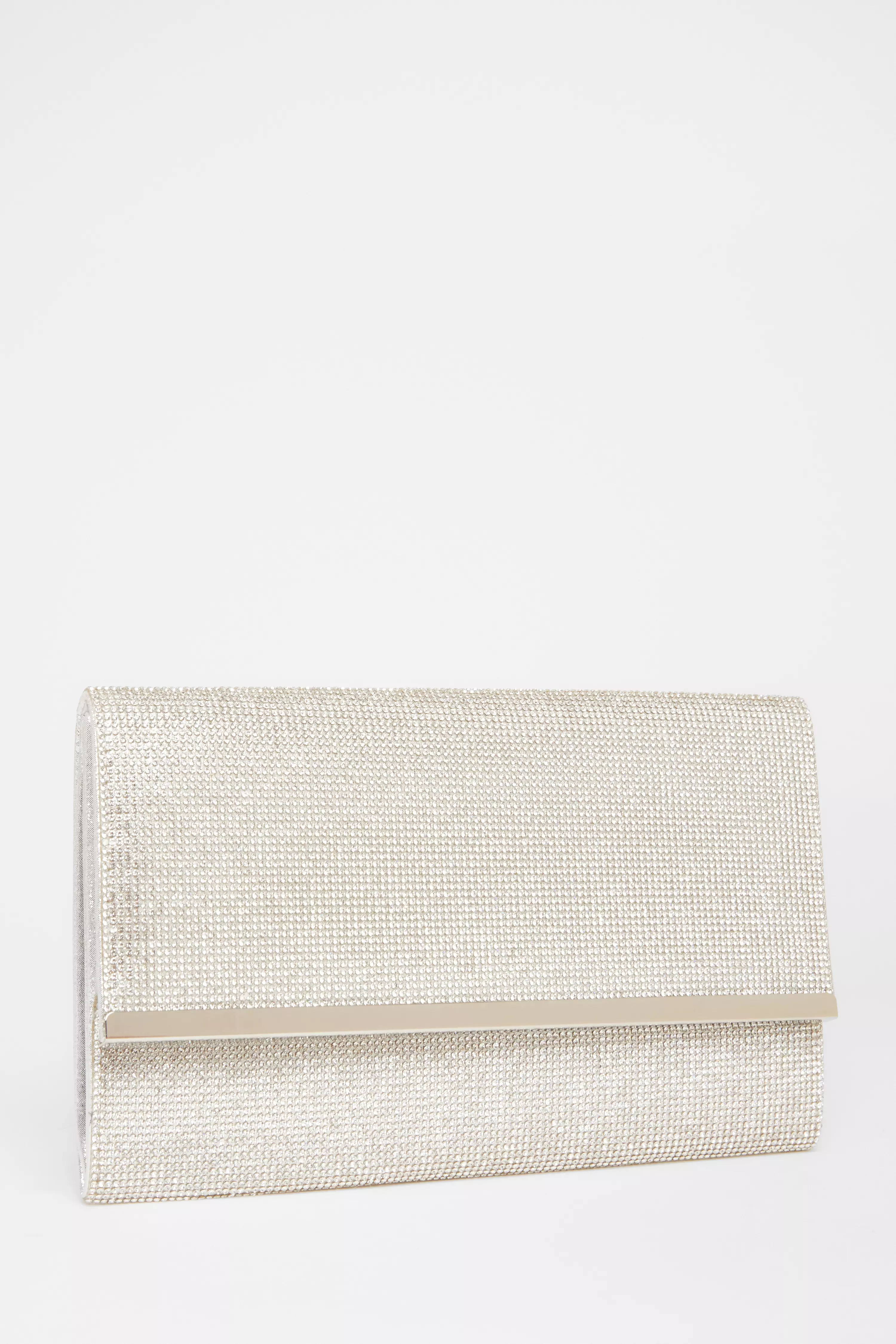 Silver Diamante Envelope Clutch Bag 