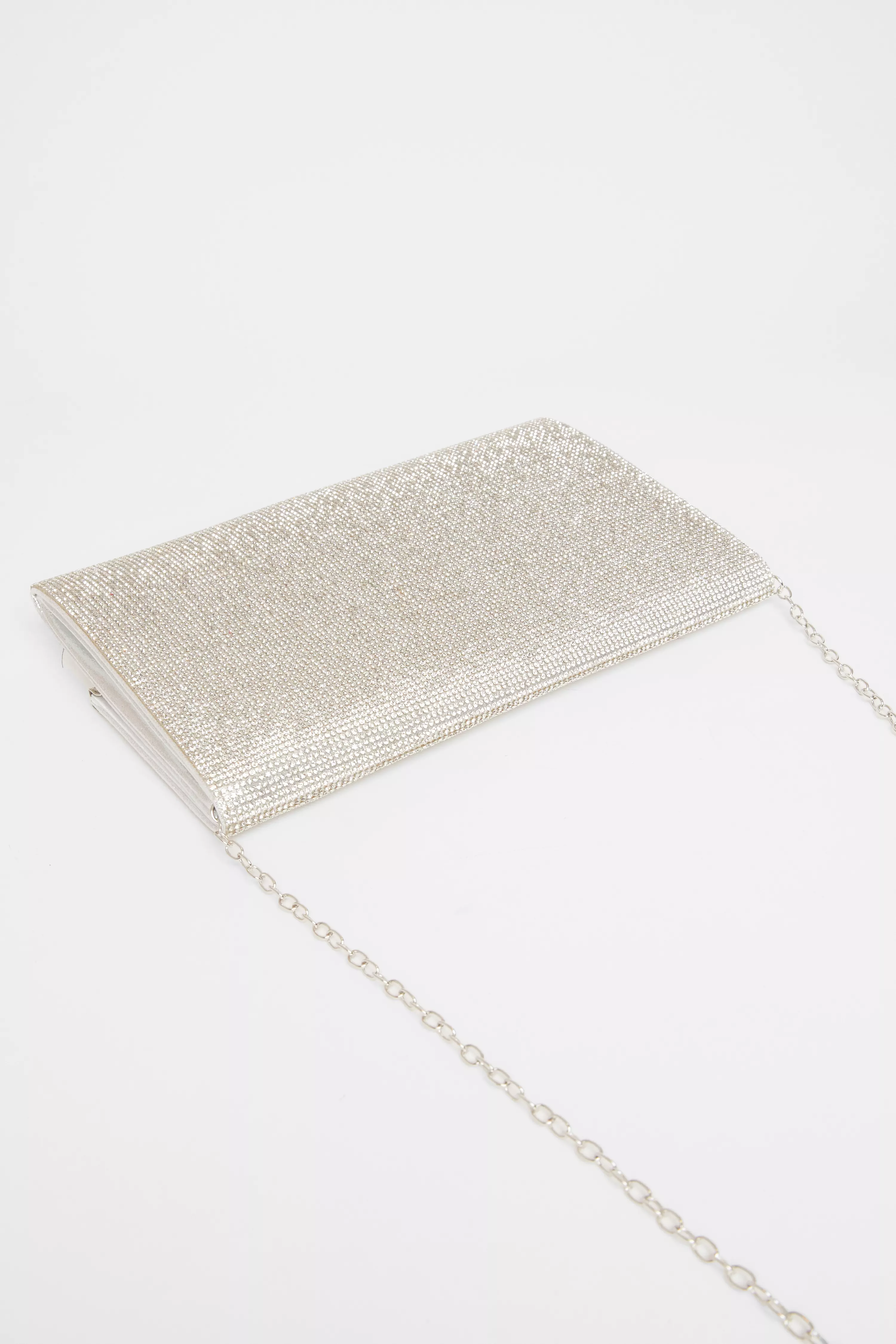 Silver Diamante Envelope Clutch Bag 