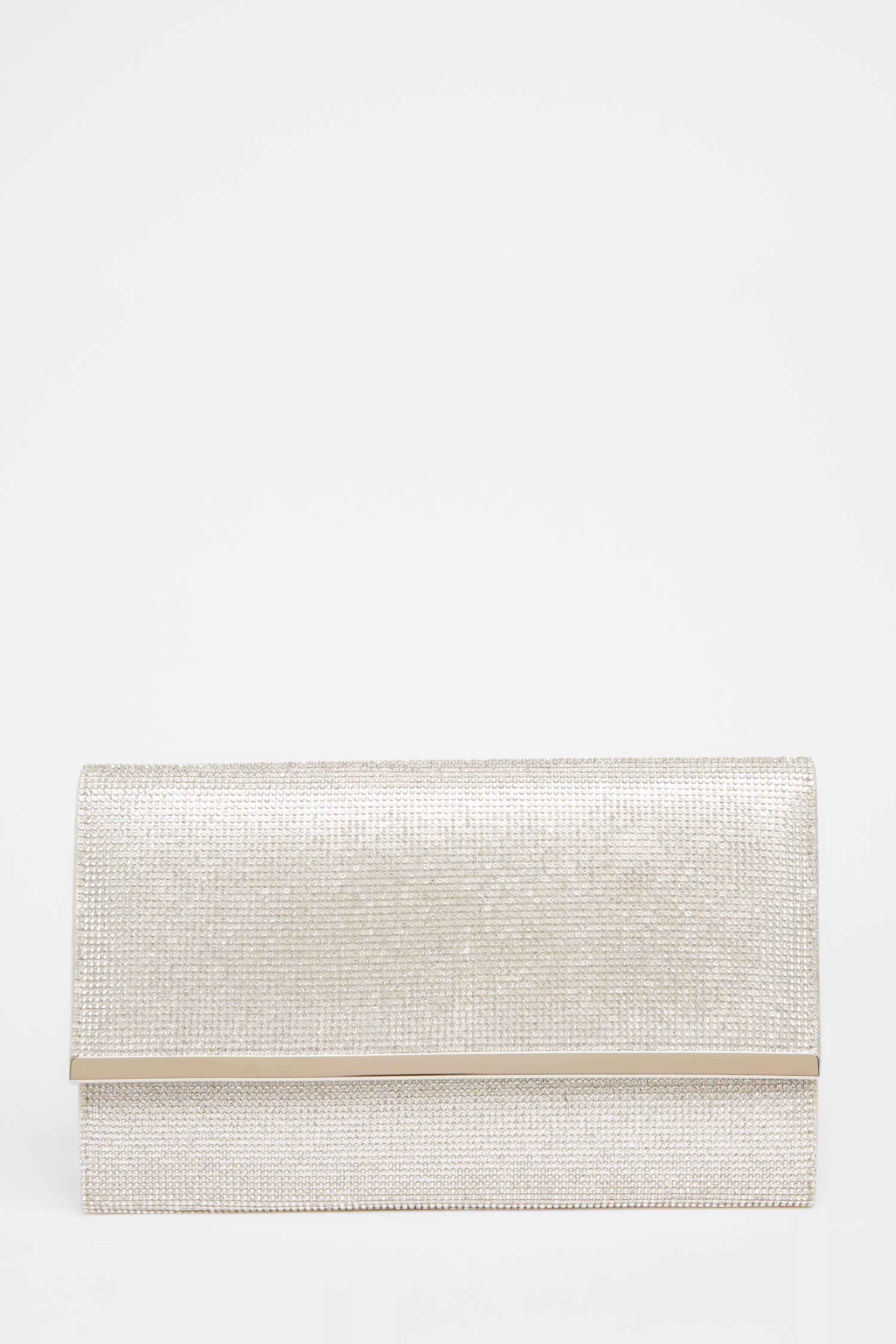 Silver Diamante Envelope Clutch Bag 