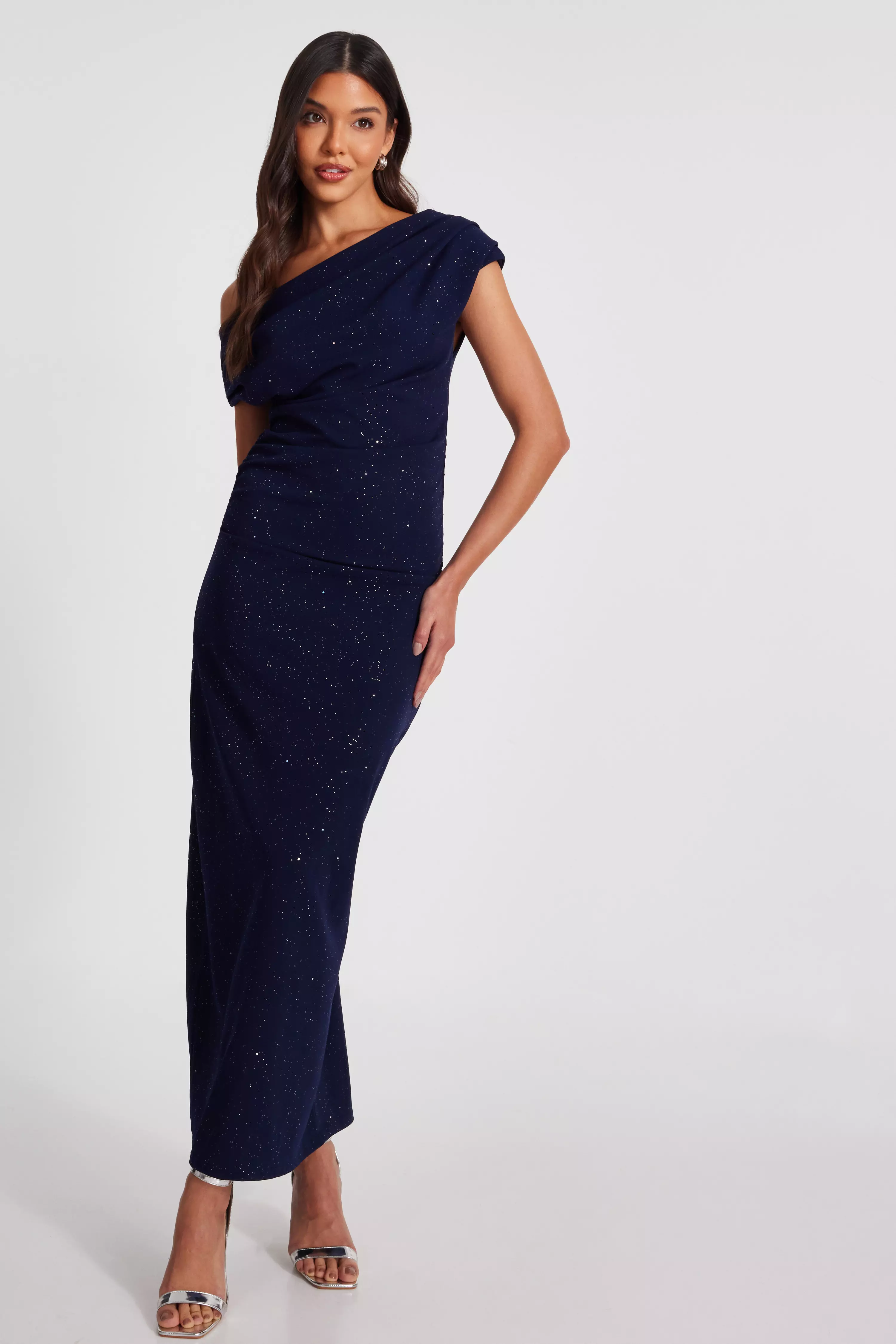 Navy Glitter Asymmetric Midi Dress