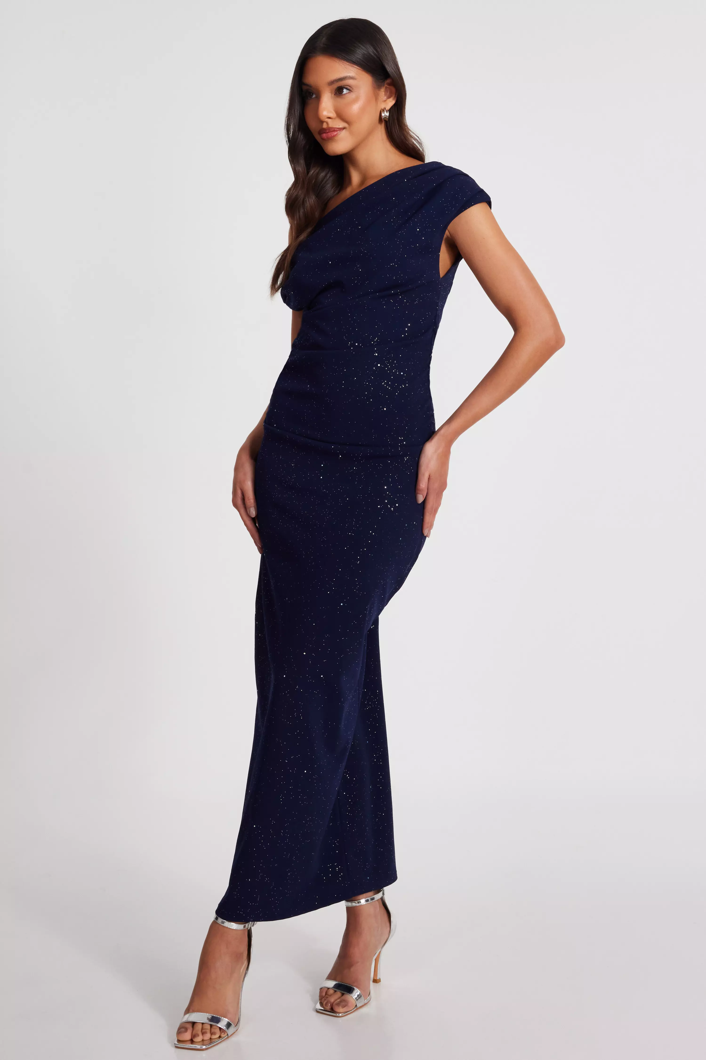 Navy Glitter Asymmetric Midi Dress