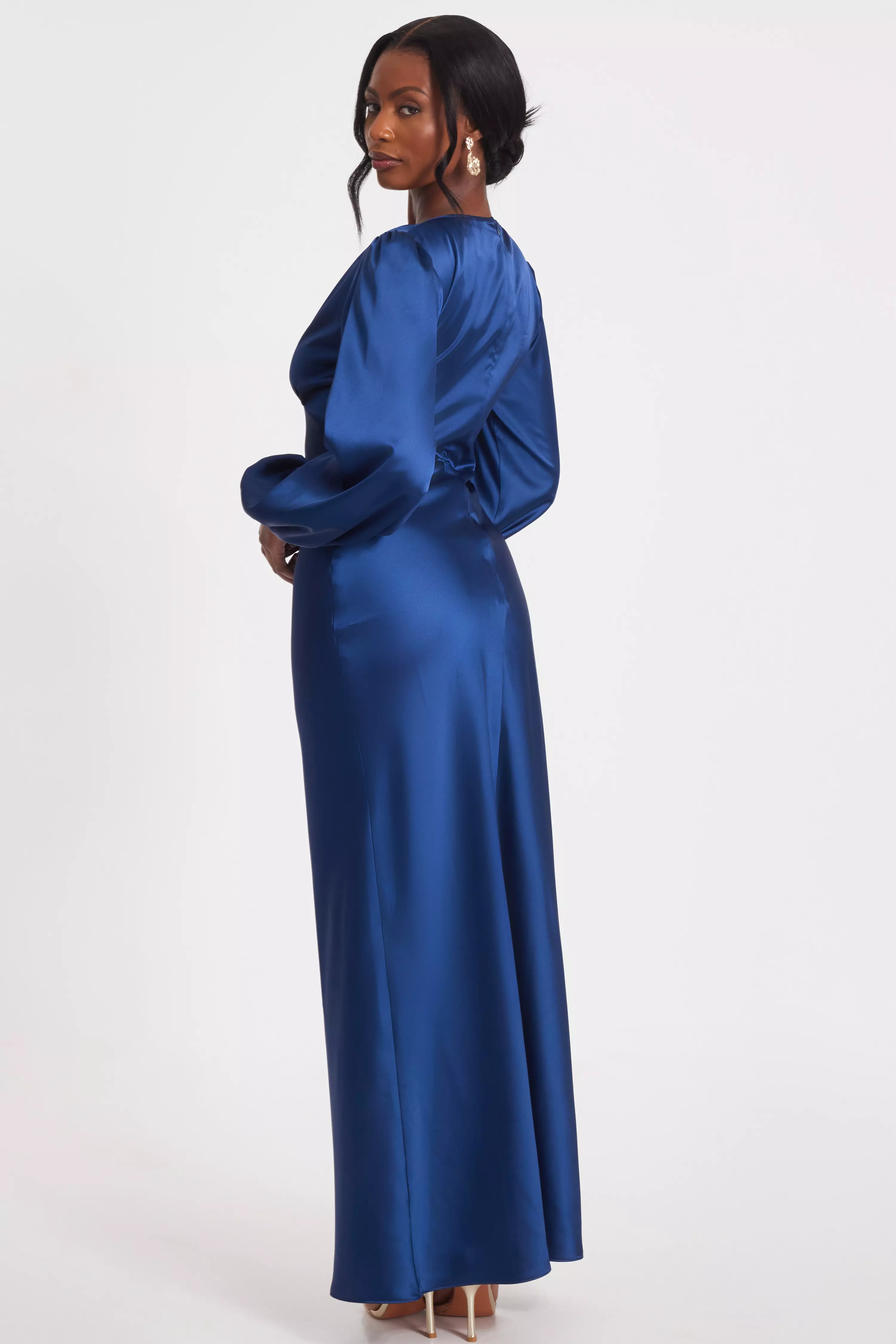 Navy Satin Tie Front Midaxi Dress