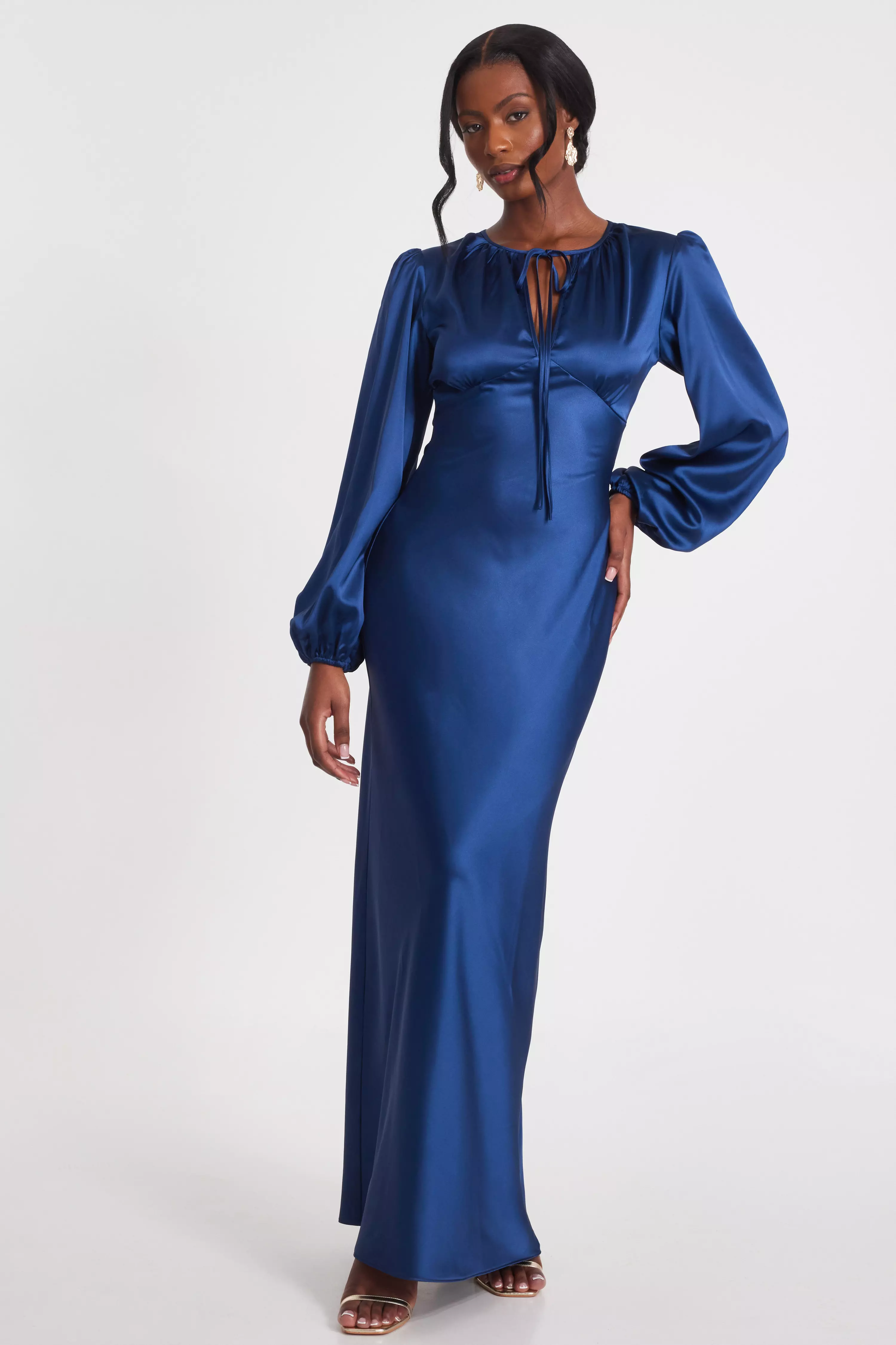 Navy Satin Tie Front Midaxi Dress