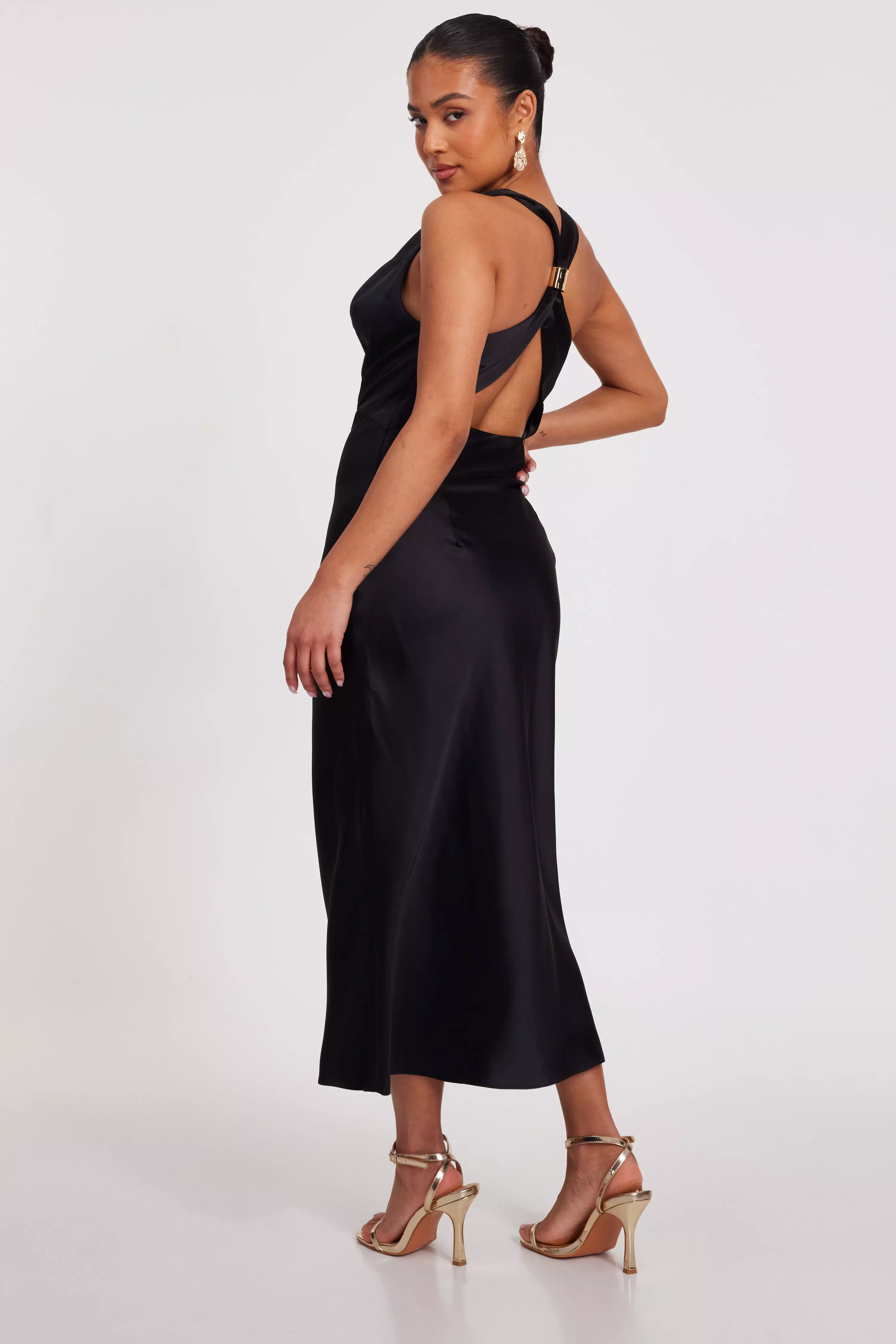 Petite Black Satin Midaxi Dress 