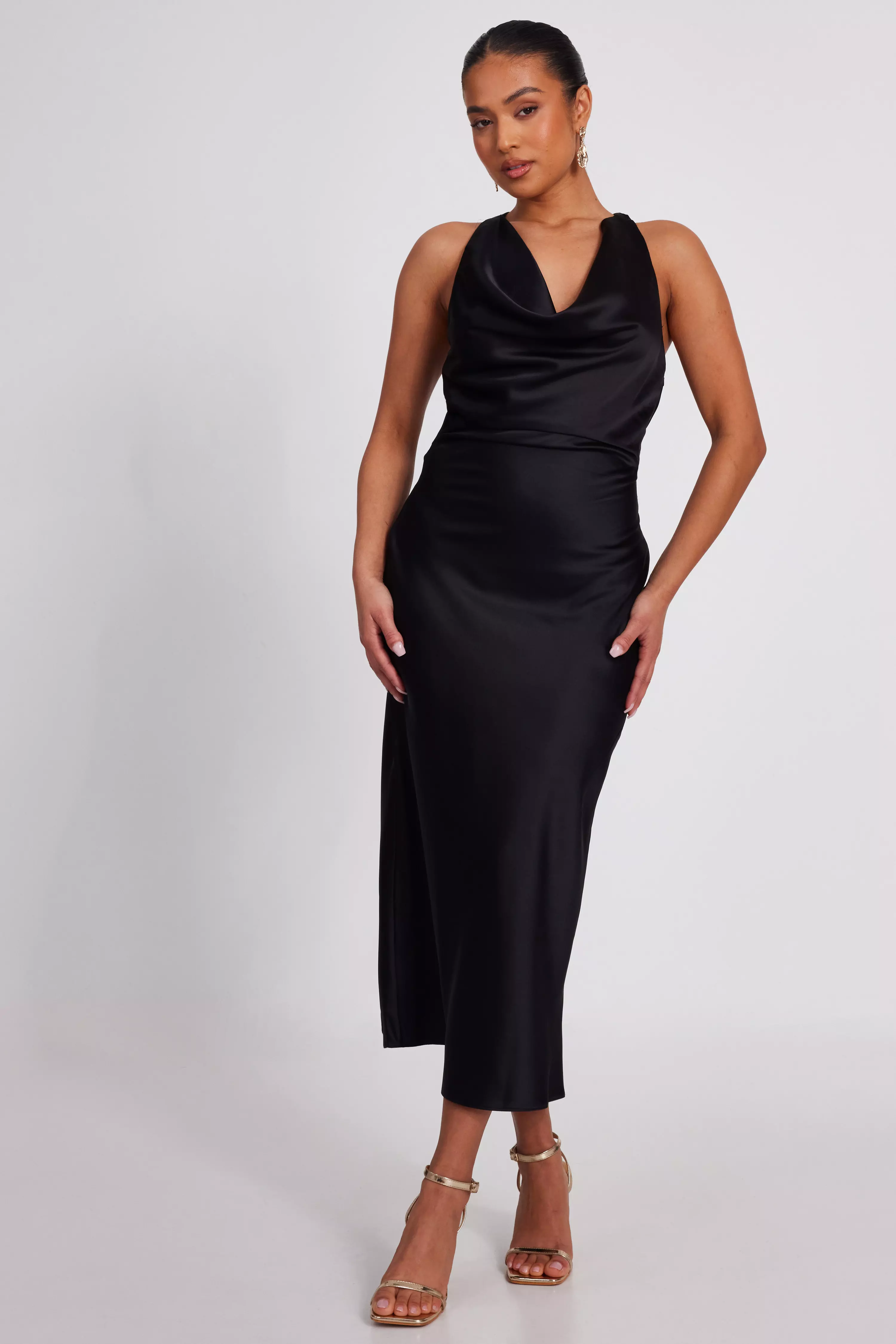 Petite Black Satin Midaxi Dress 