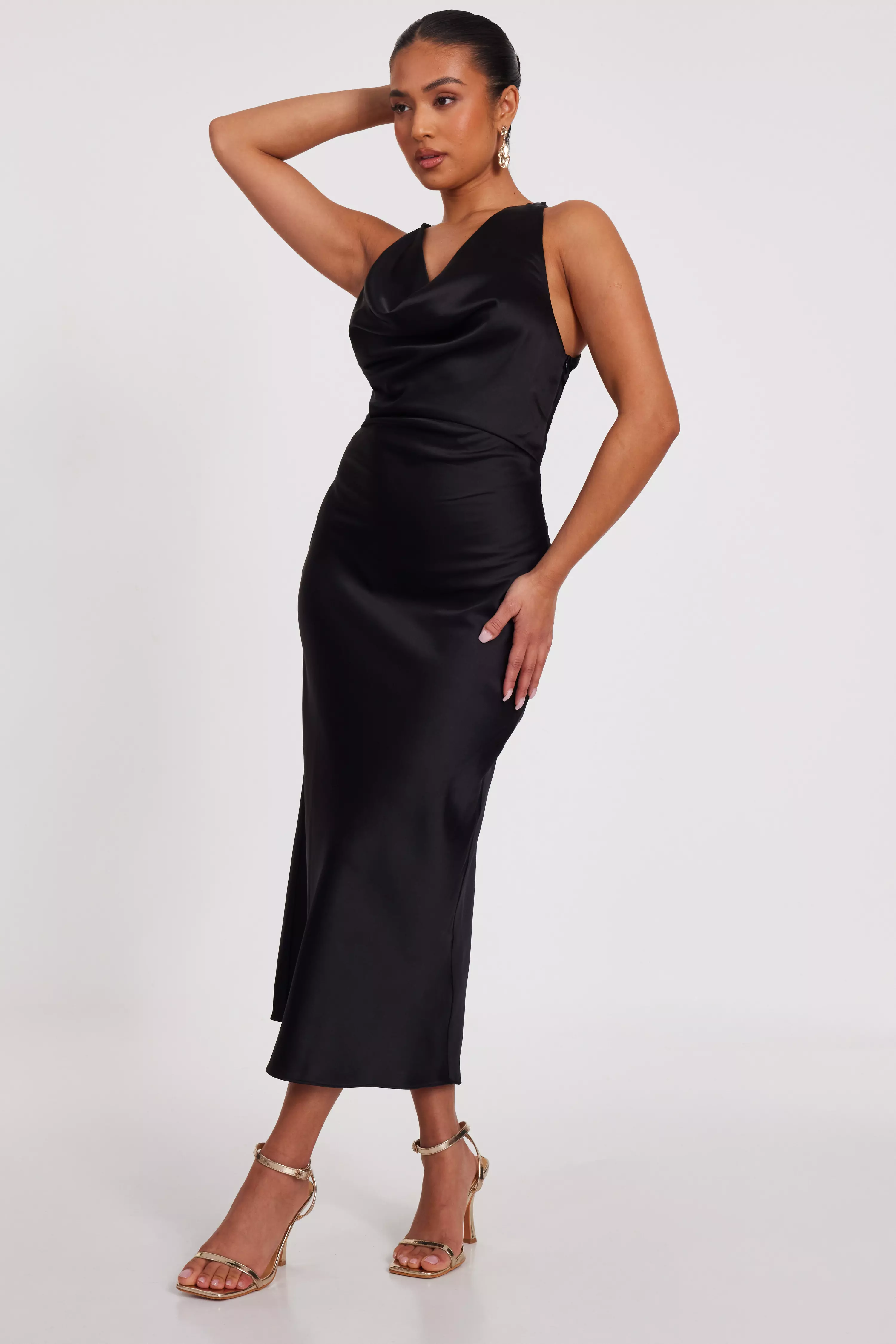 Petite Black Satin Midaxi Dress 