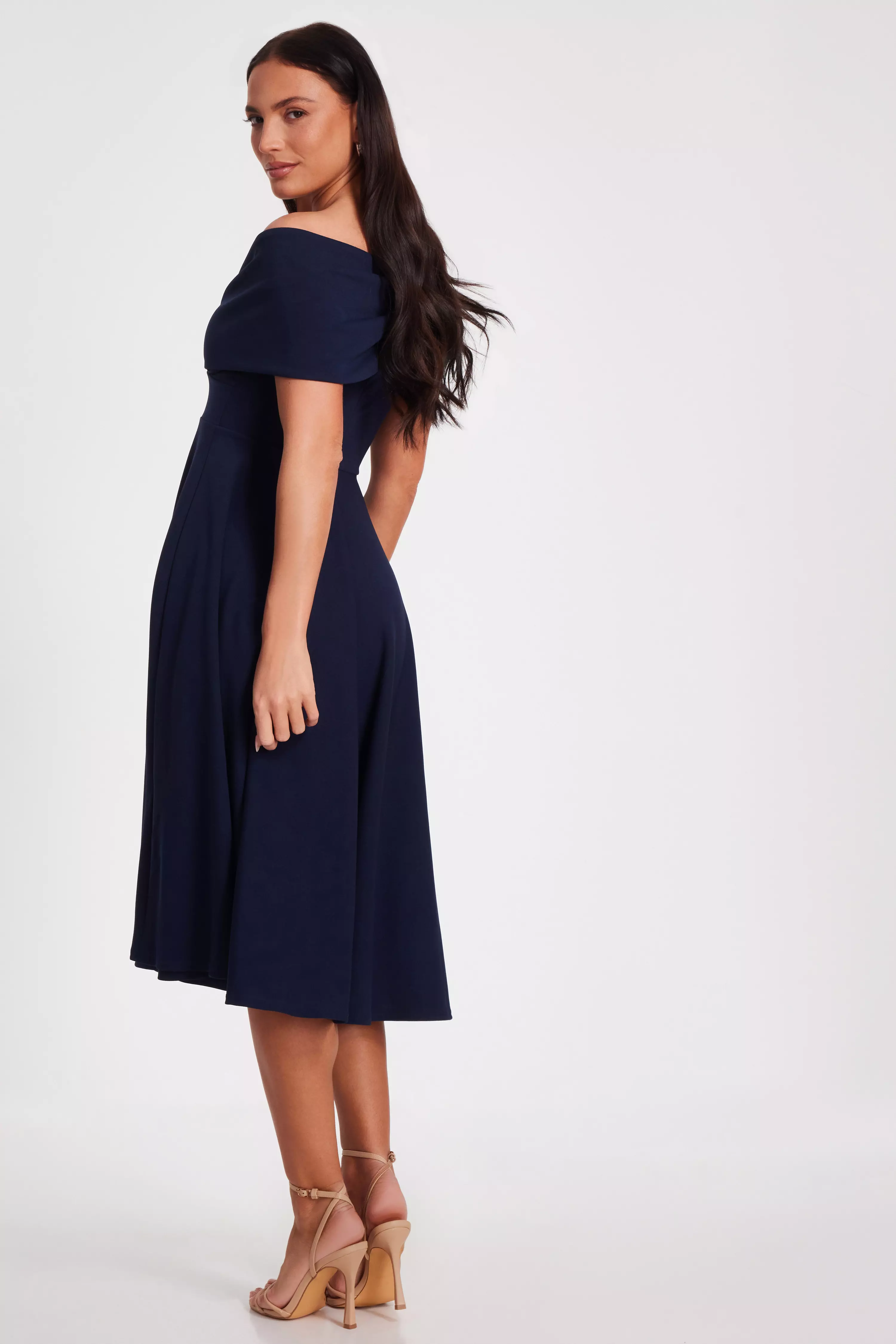 Navy Bardot Midi Dress