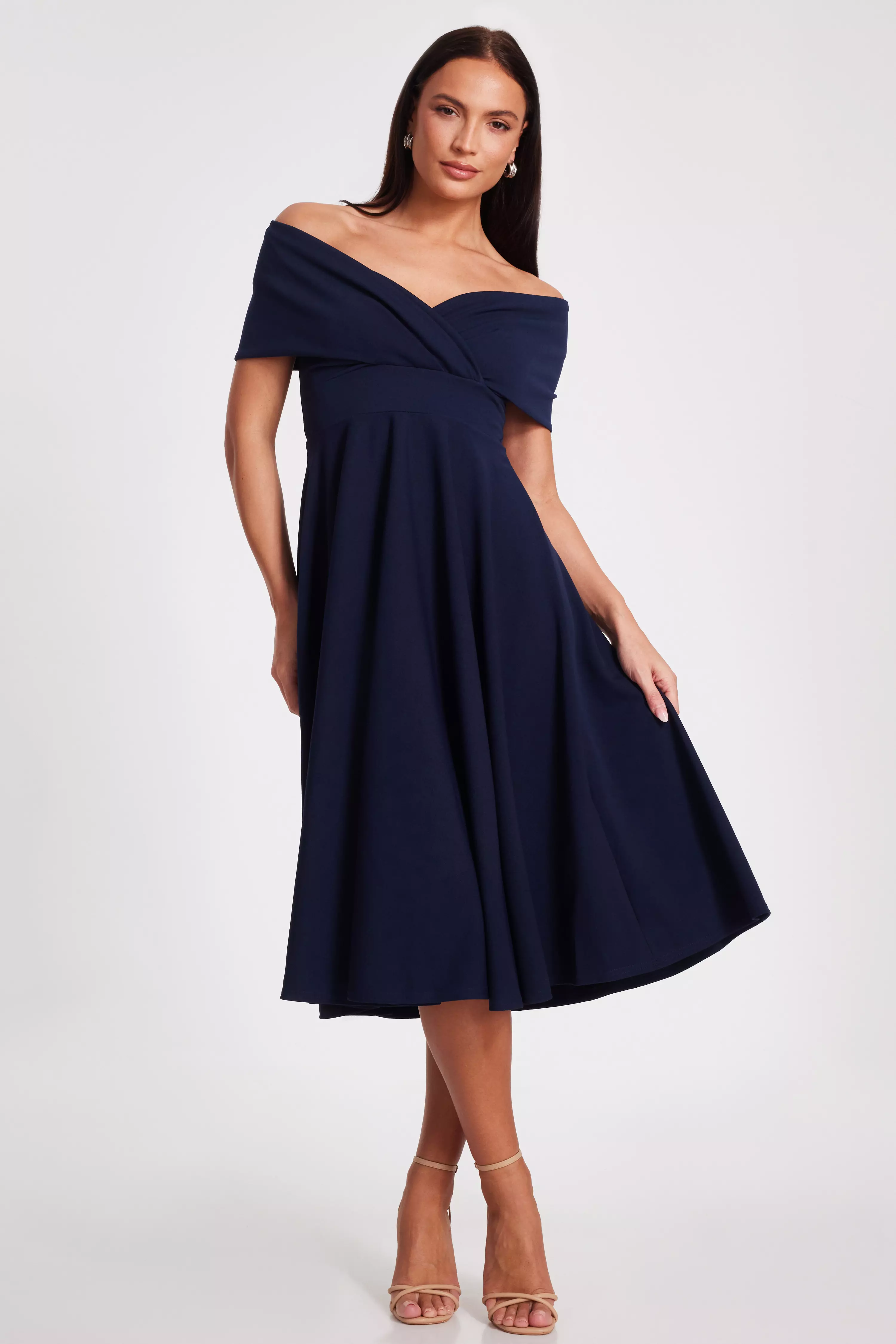 Navy Bardot Midi Dress