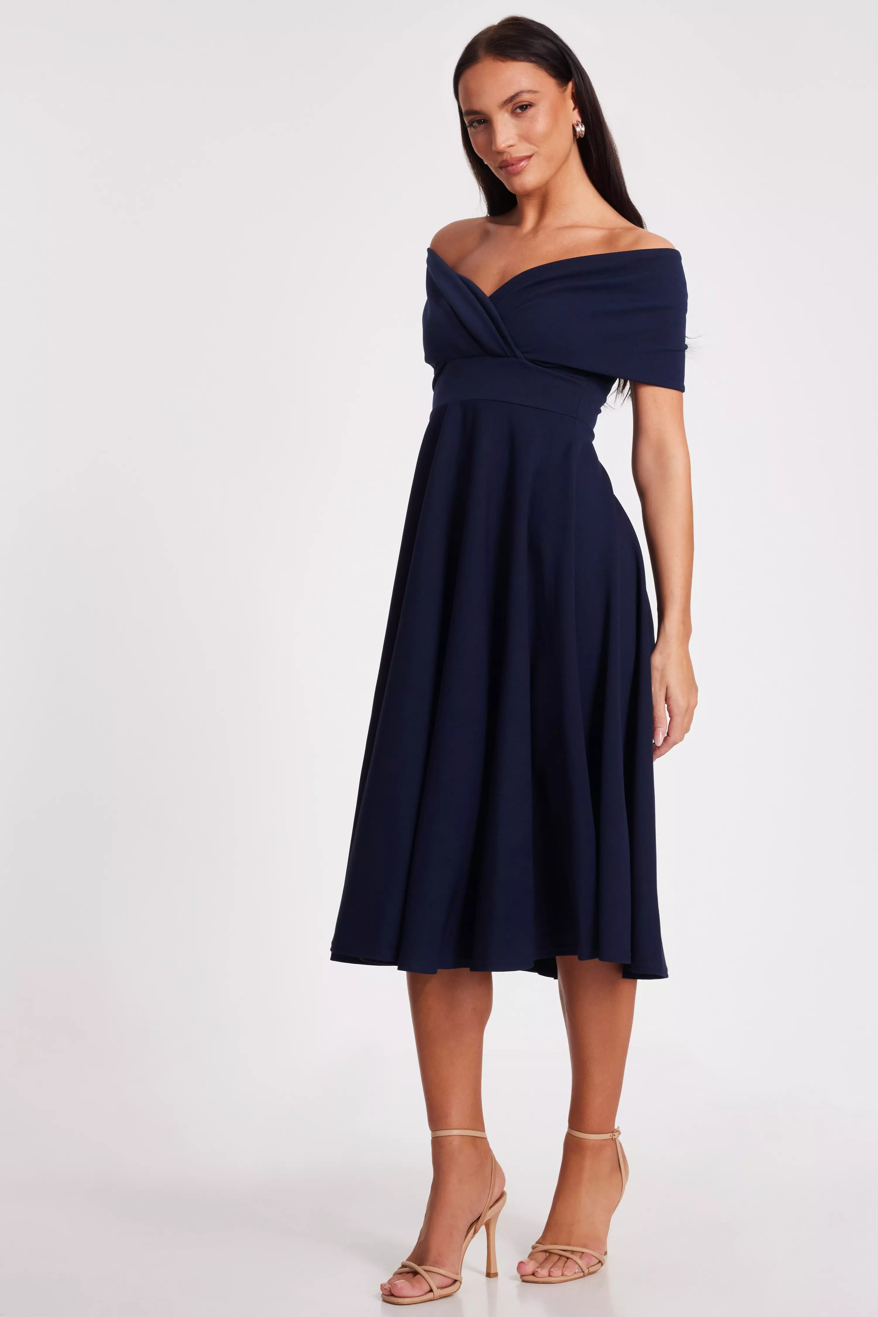 Navy Bardot Midi Dress