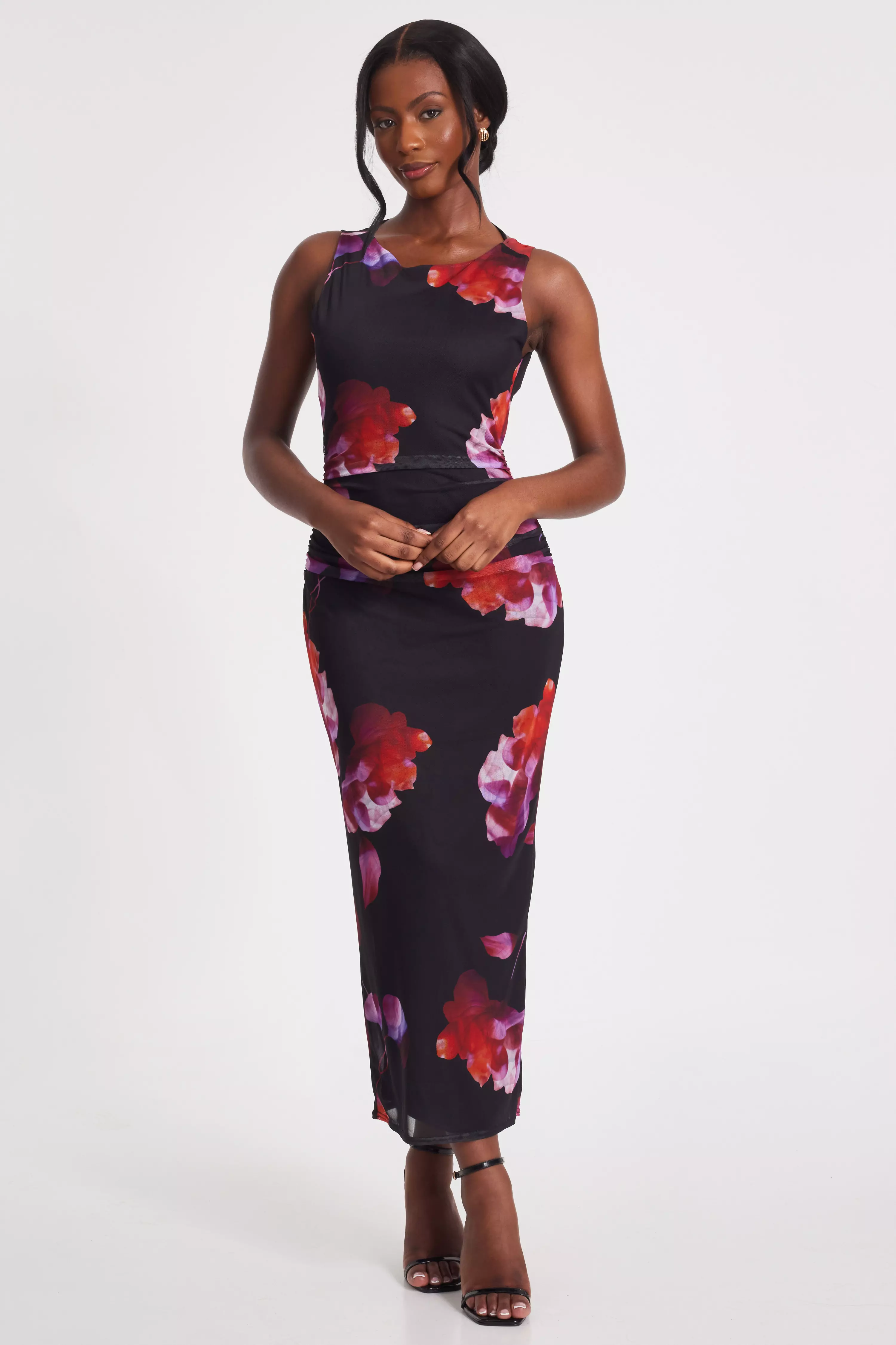 Black Mesh Floral Midaxi Dress