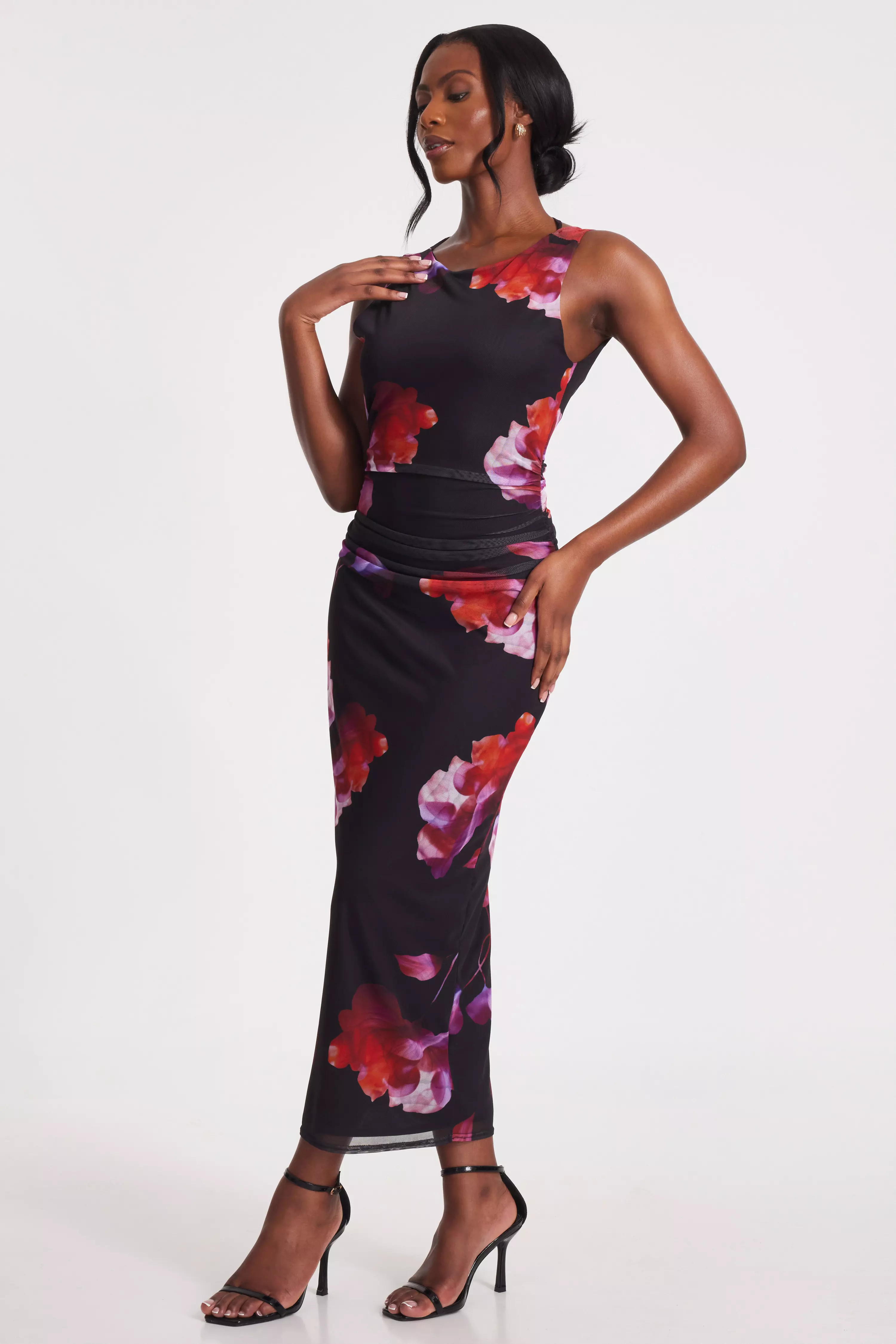 Black Mesh Floral Midaxi Dress