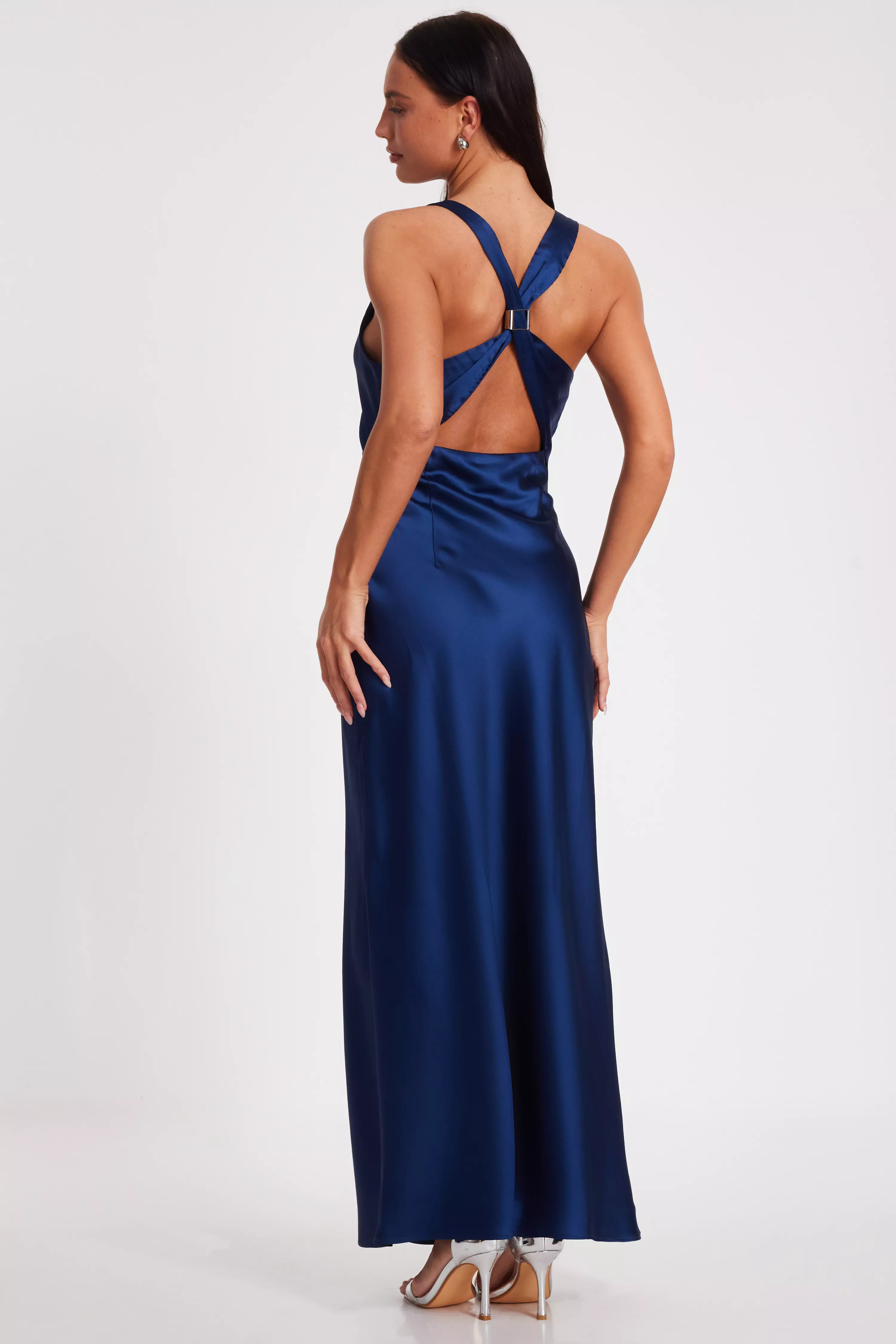 Navy Satin Ruched Midaxi Dress 