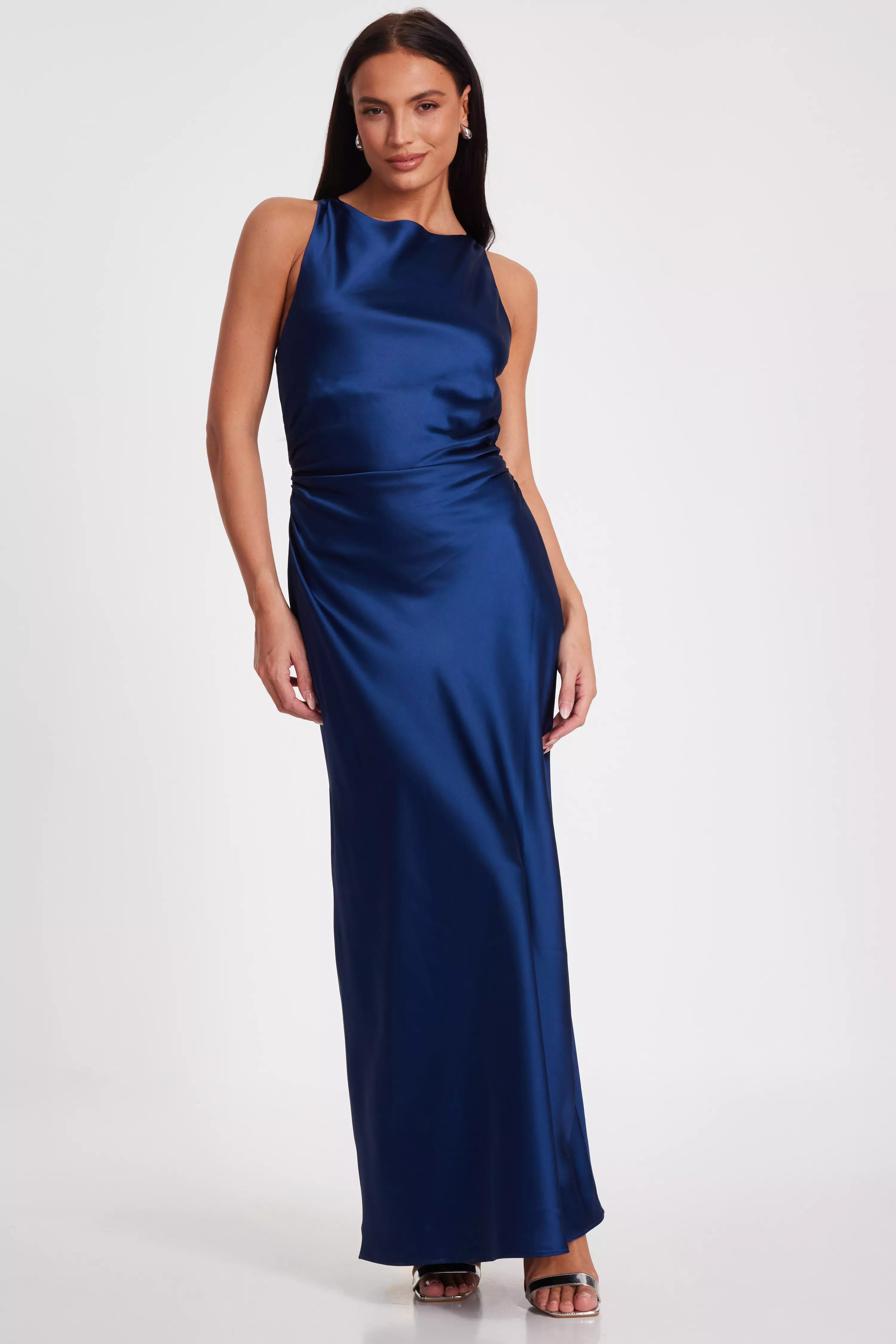 Navy Satin Ruched Midaxi Dress 