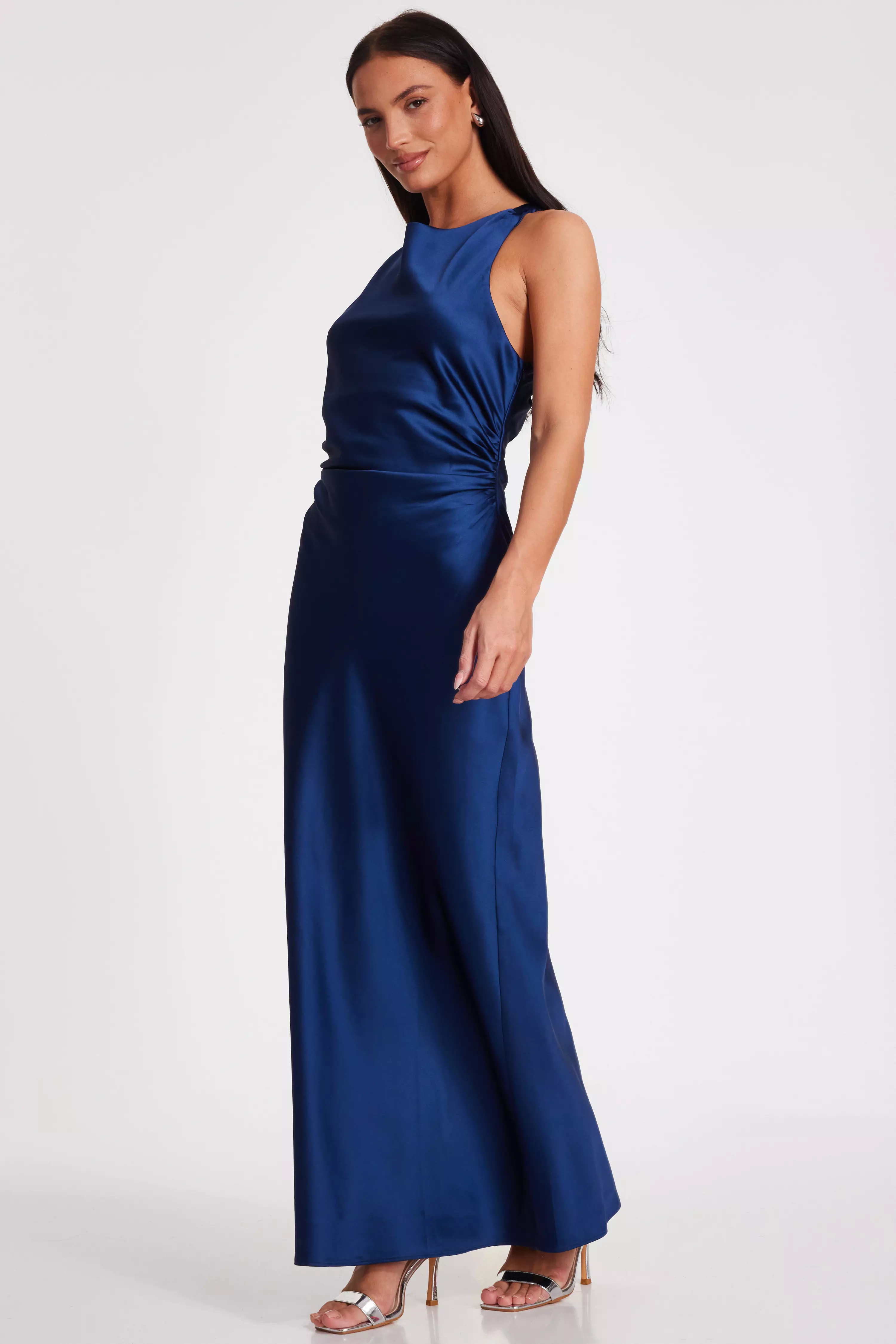 Navy Satin Ruched Midaxi Dress 