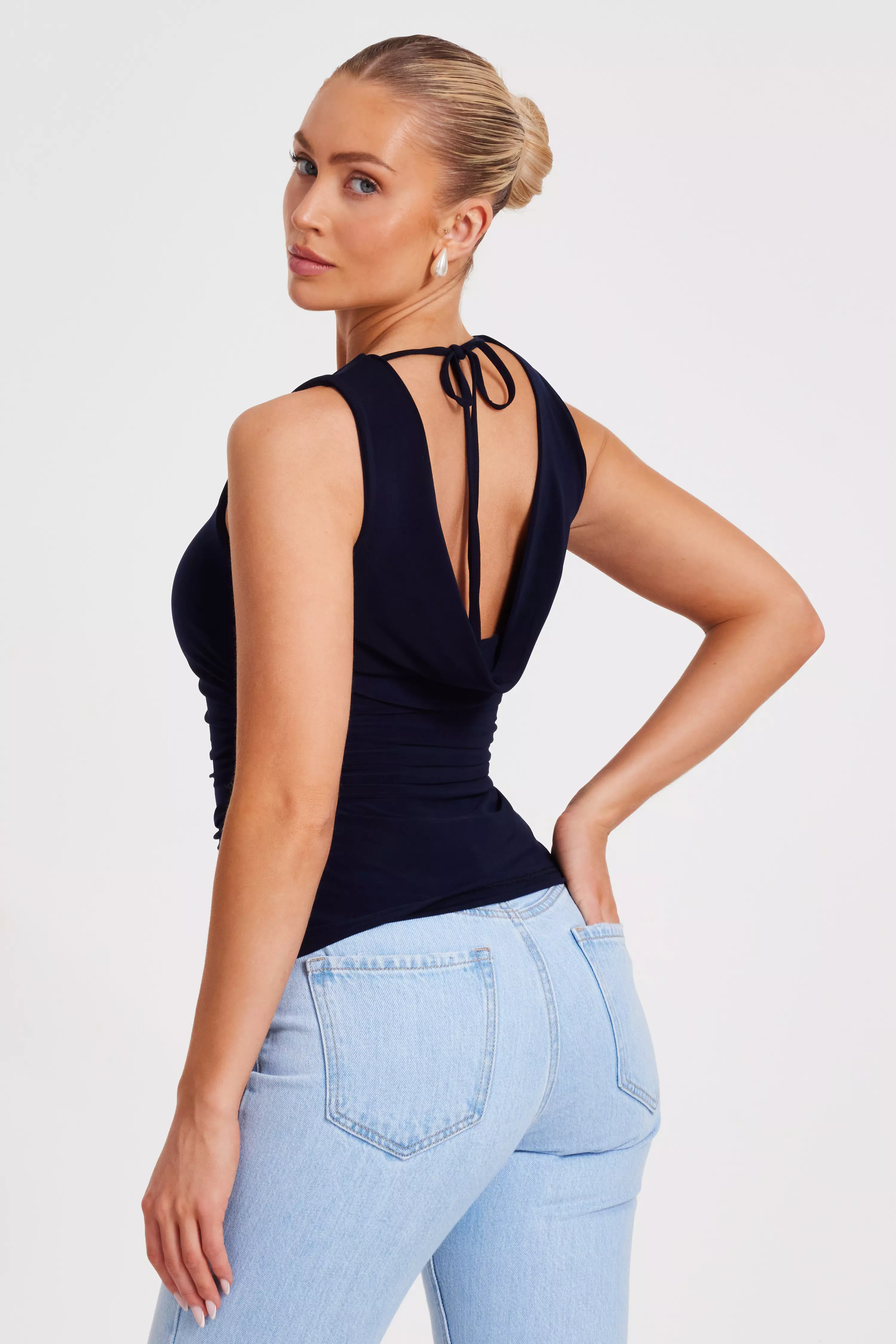 Navy Drape Back Top