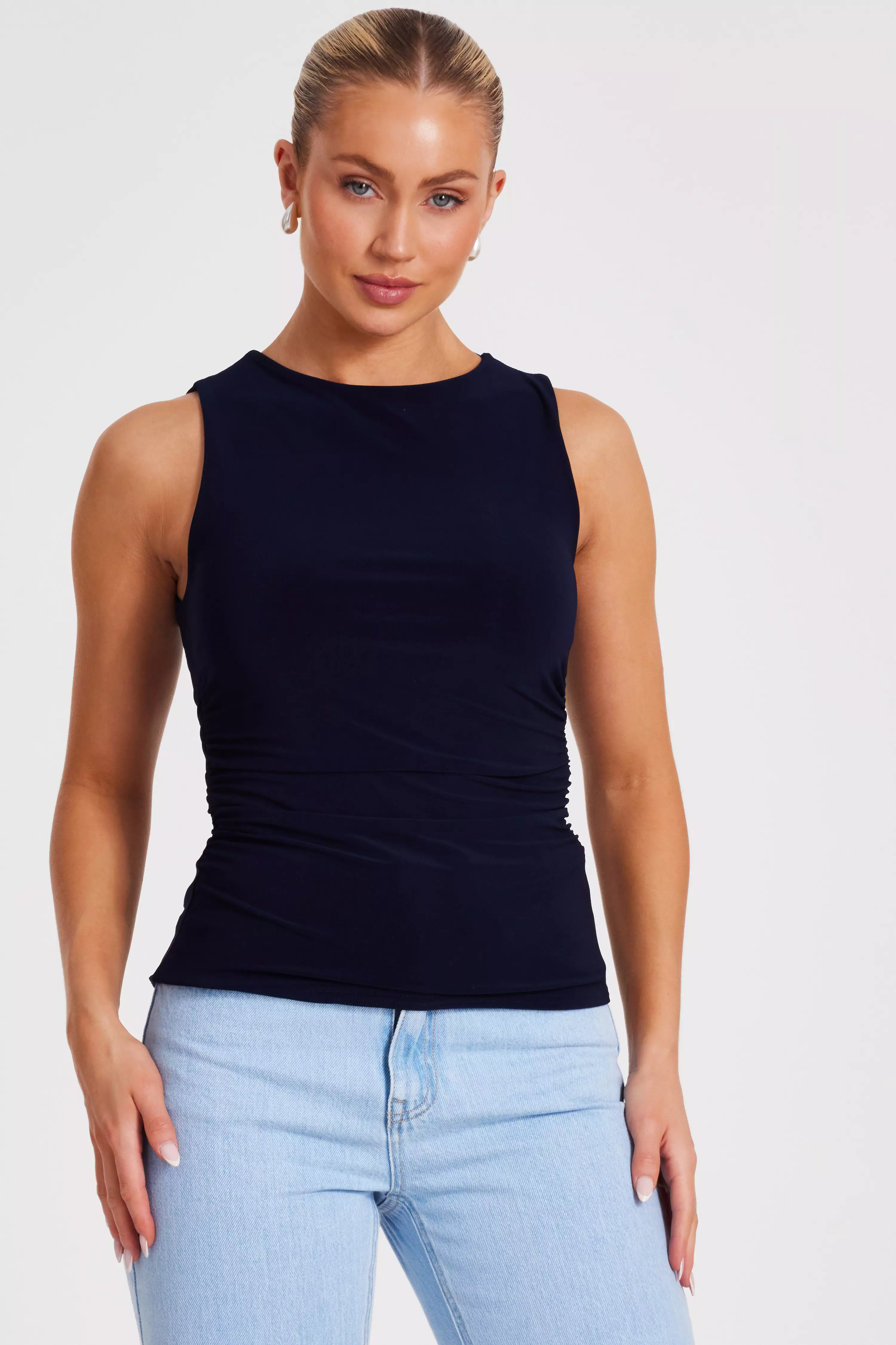 Navy Drape Back Top