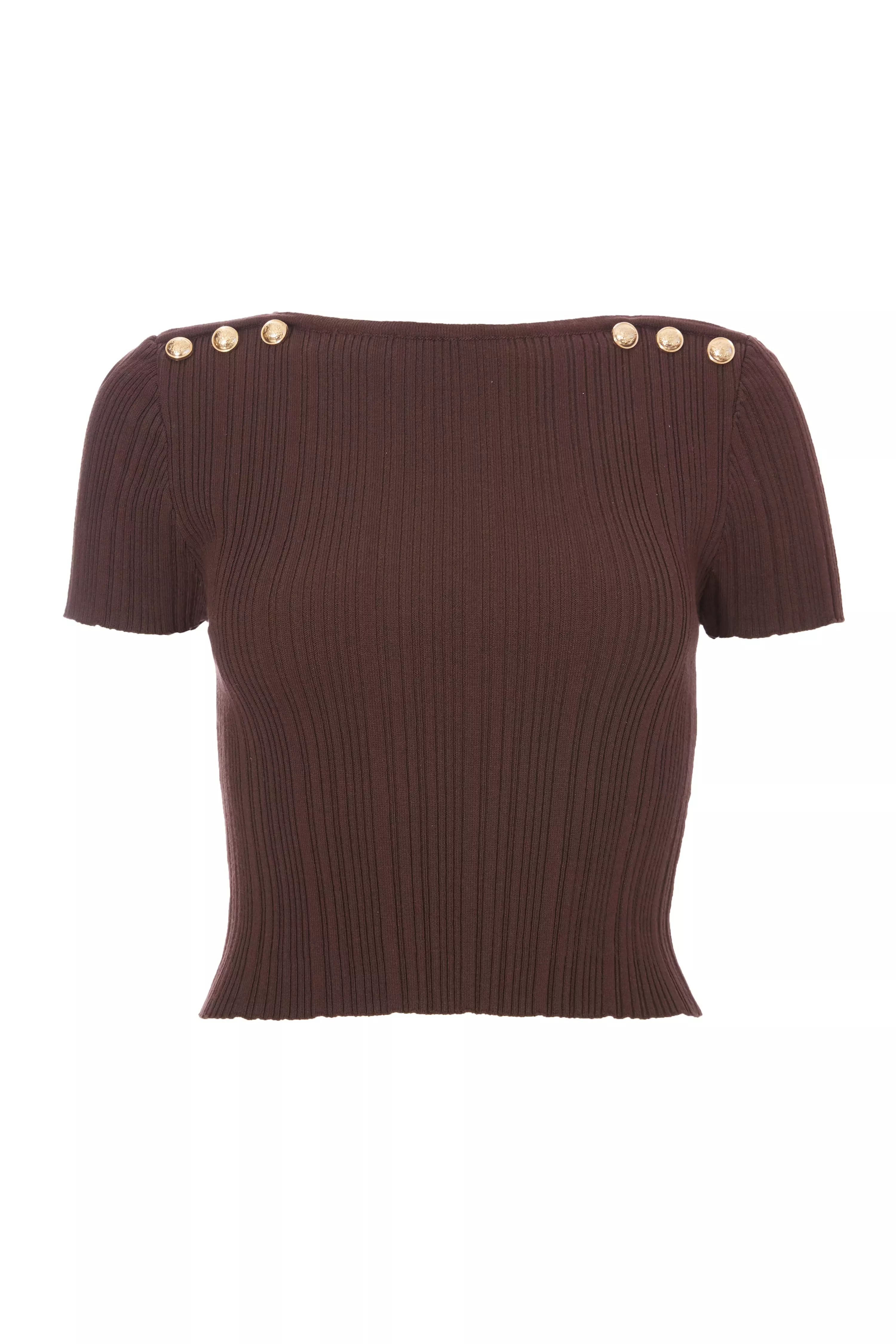 Brown Knitted Button Detail Top