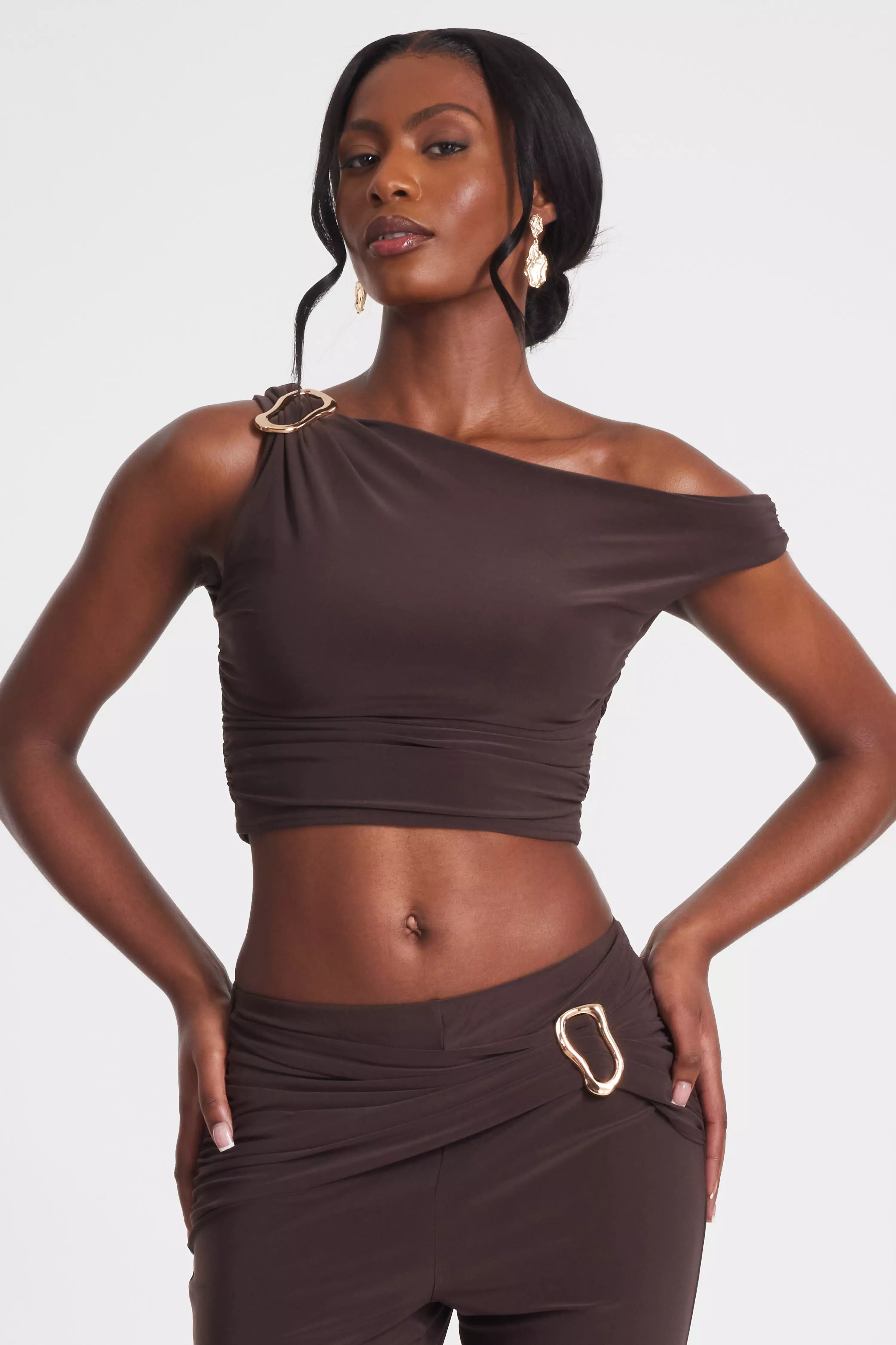 Brown Buckle One Shoulder Top