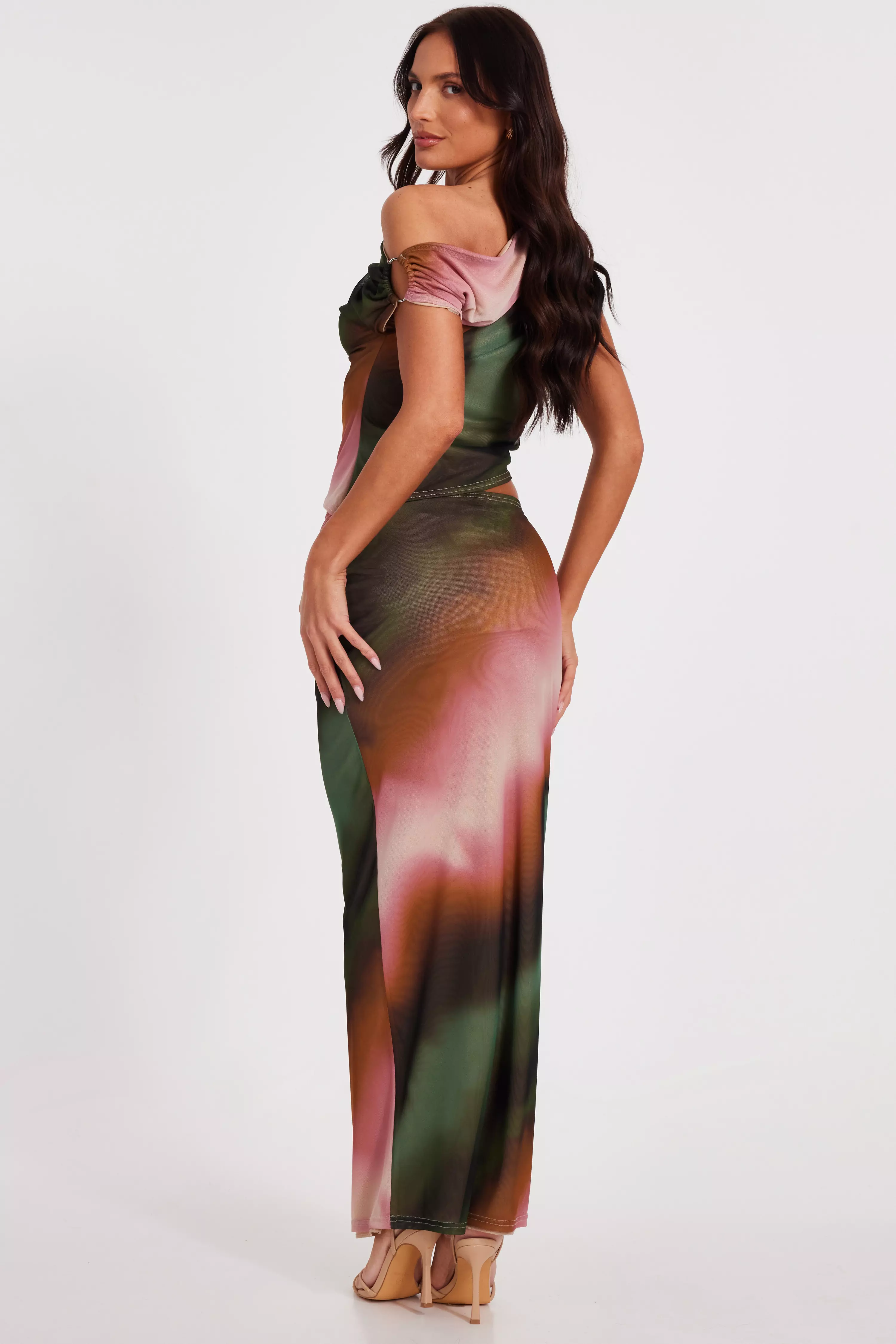 Green Mesh Ruched Maxi Skirt