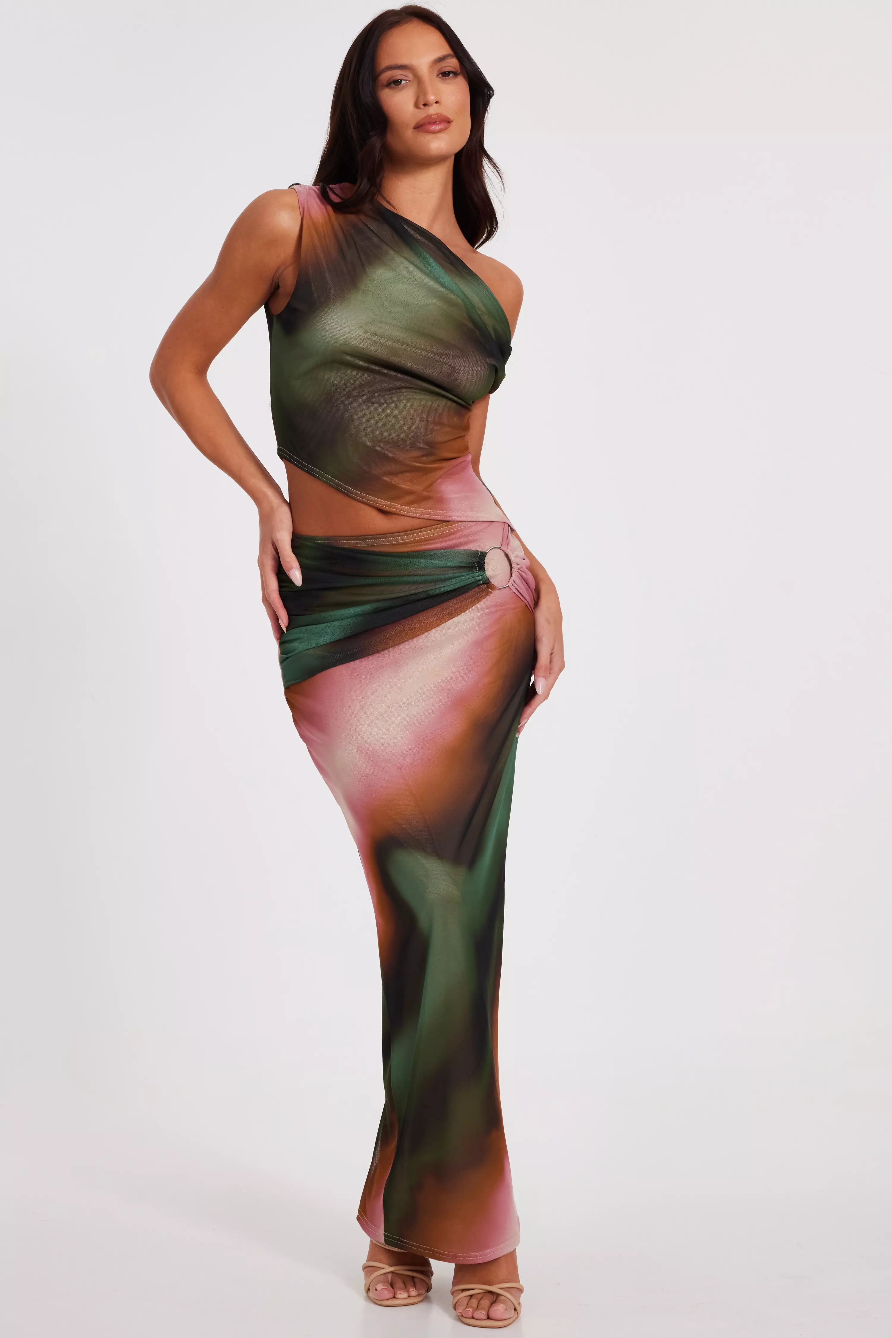 Green Mesh Ruched Maxi Skirt