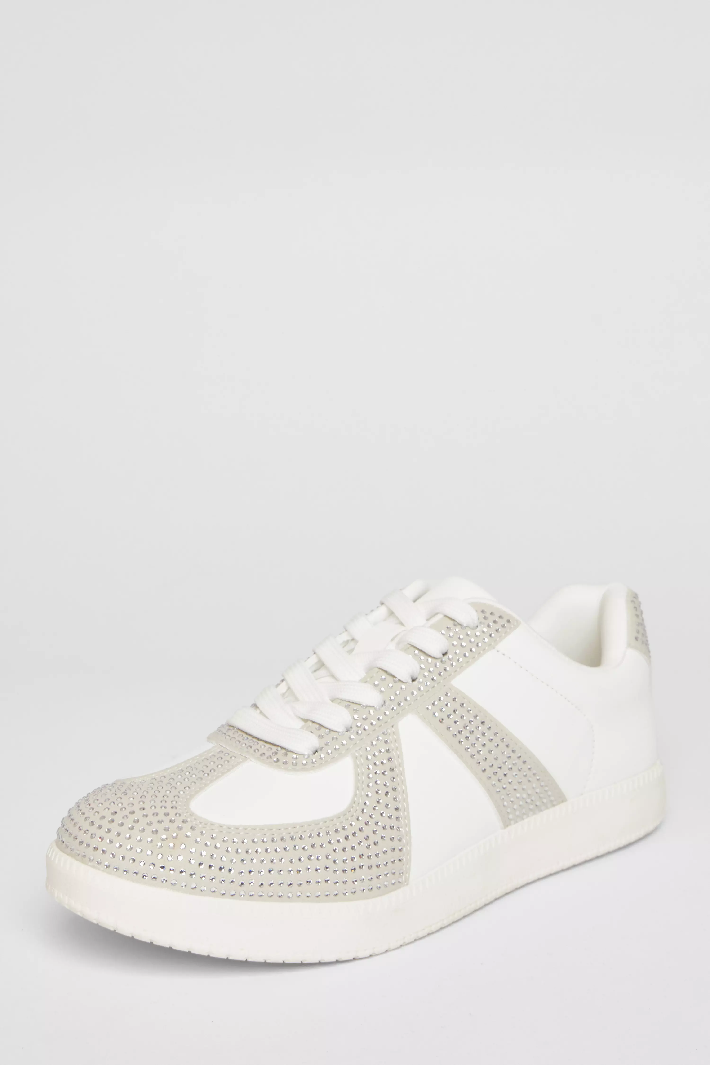 Cream Faux Leather Diamante Trainers