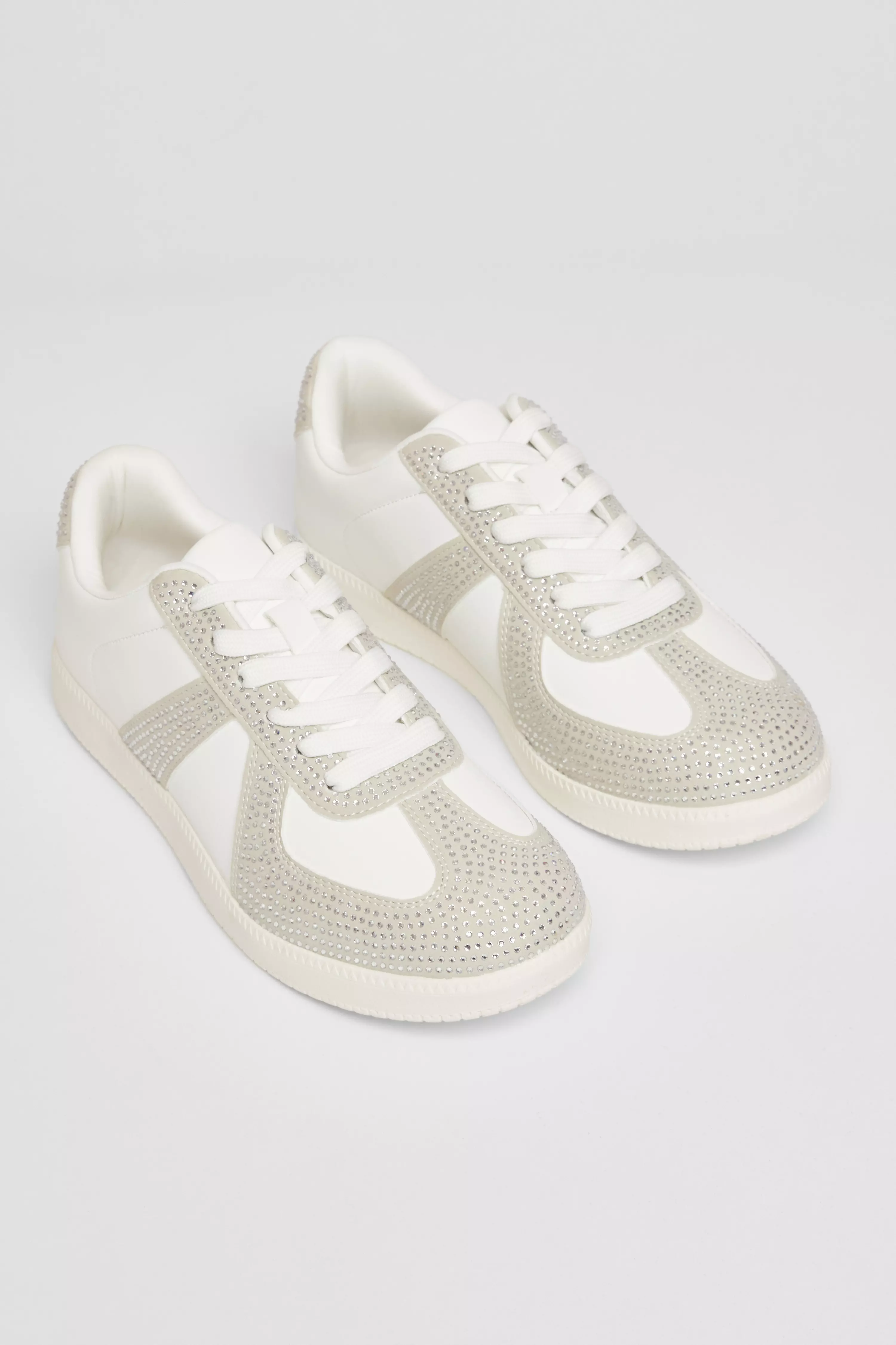 Cream Faux Leather Diamante Trainers