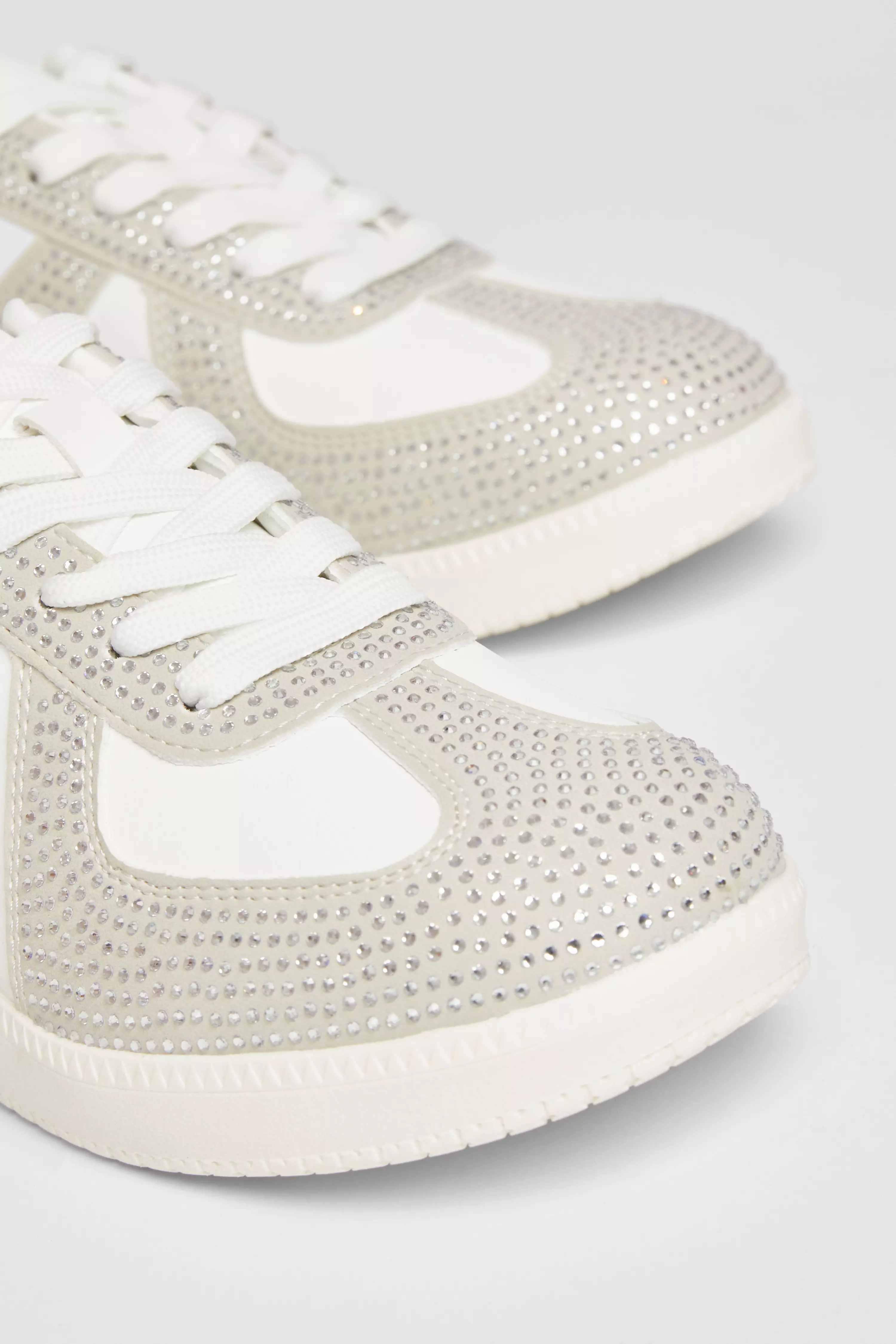 Cream Faux Leather Diamante Trainers