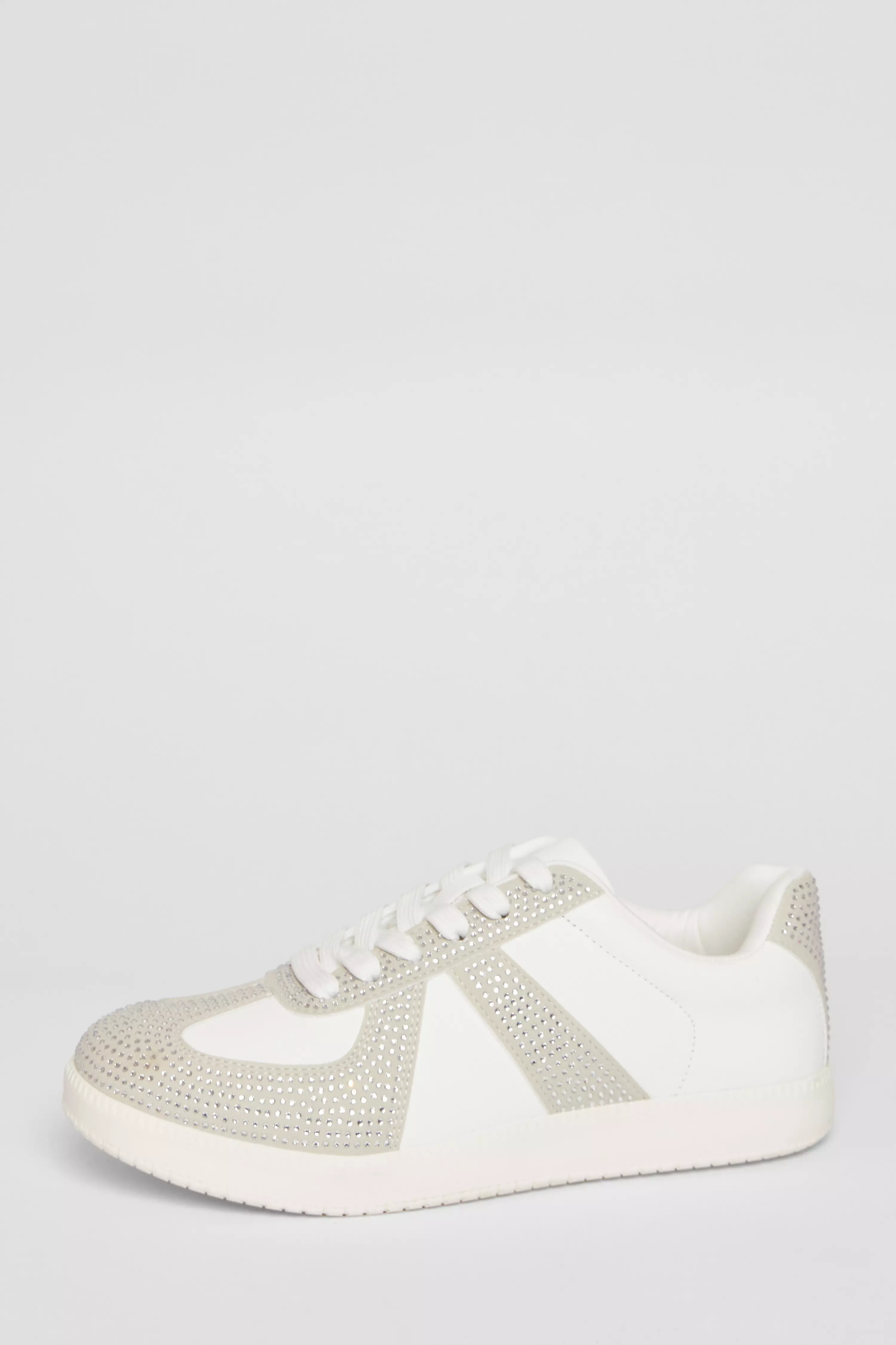 Cream Faux Leather Diamante Trainers