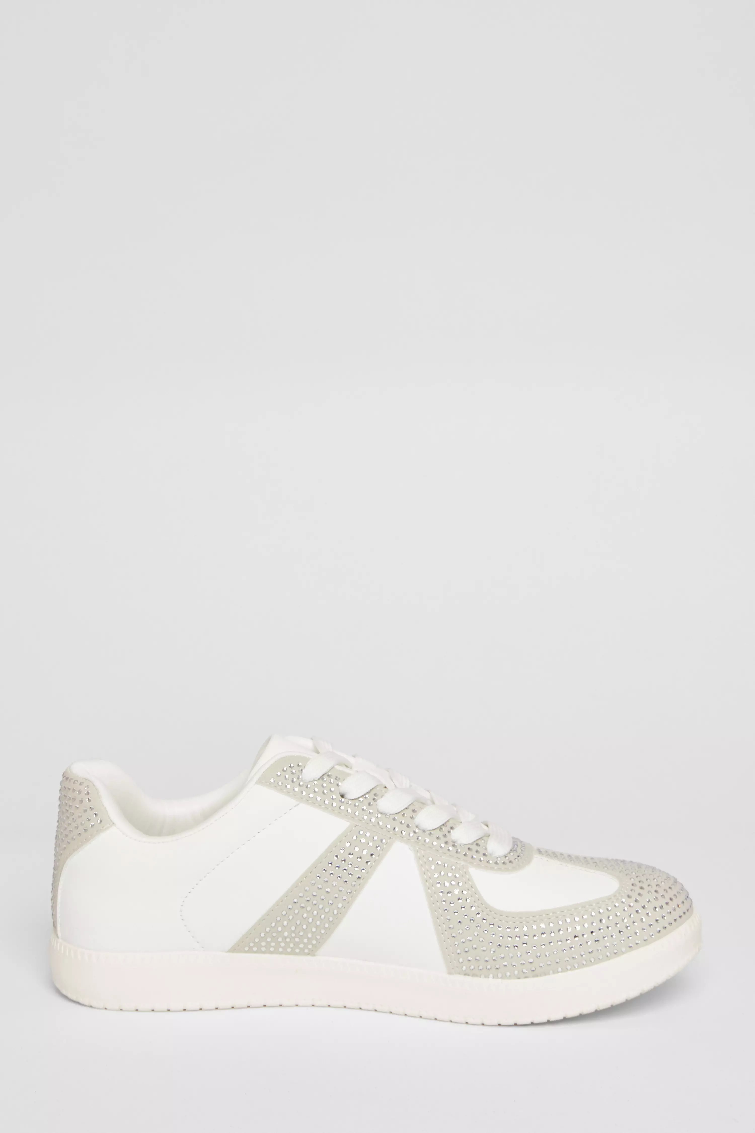 Cream Faux Leather Diamante Trainers
