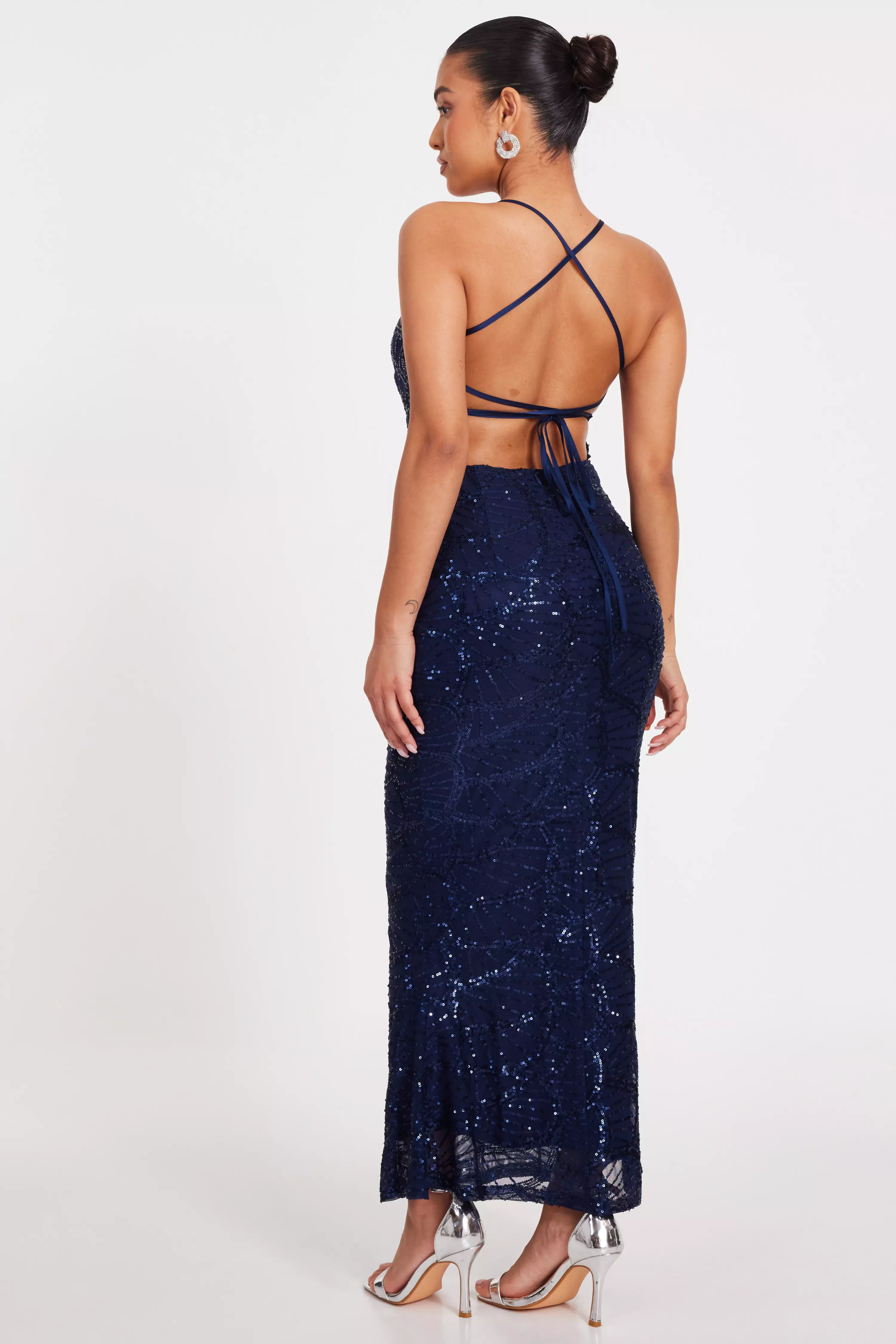 Petite Navy Sequin Fishtail Maxi Dress