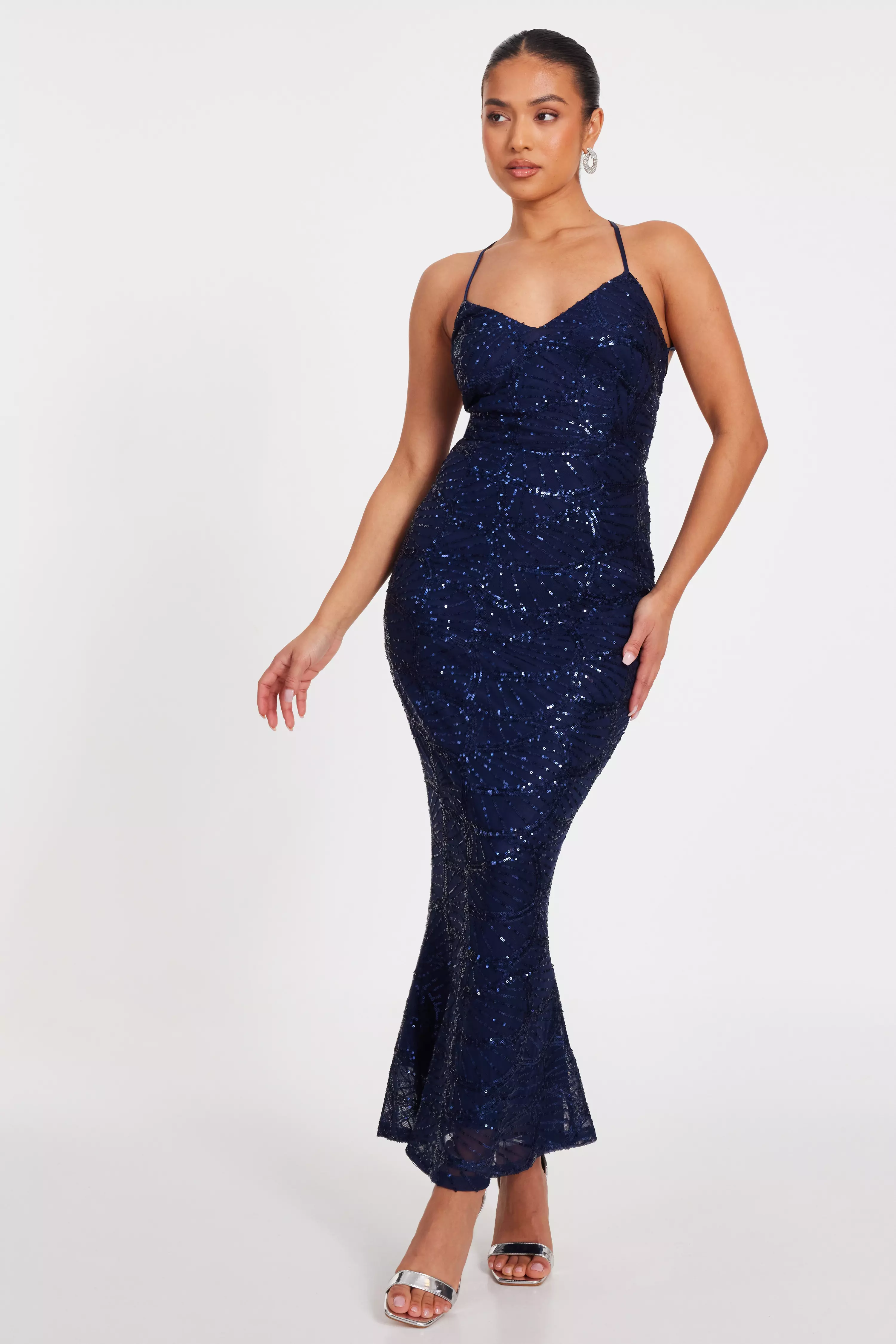 Petite Navy Sequin Fishtail Maxi Dress