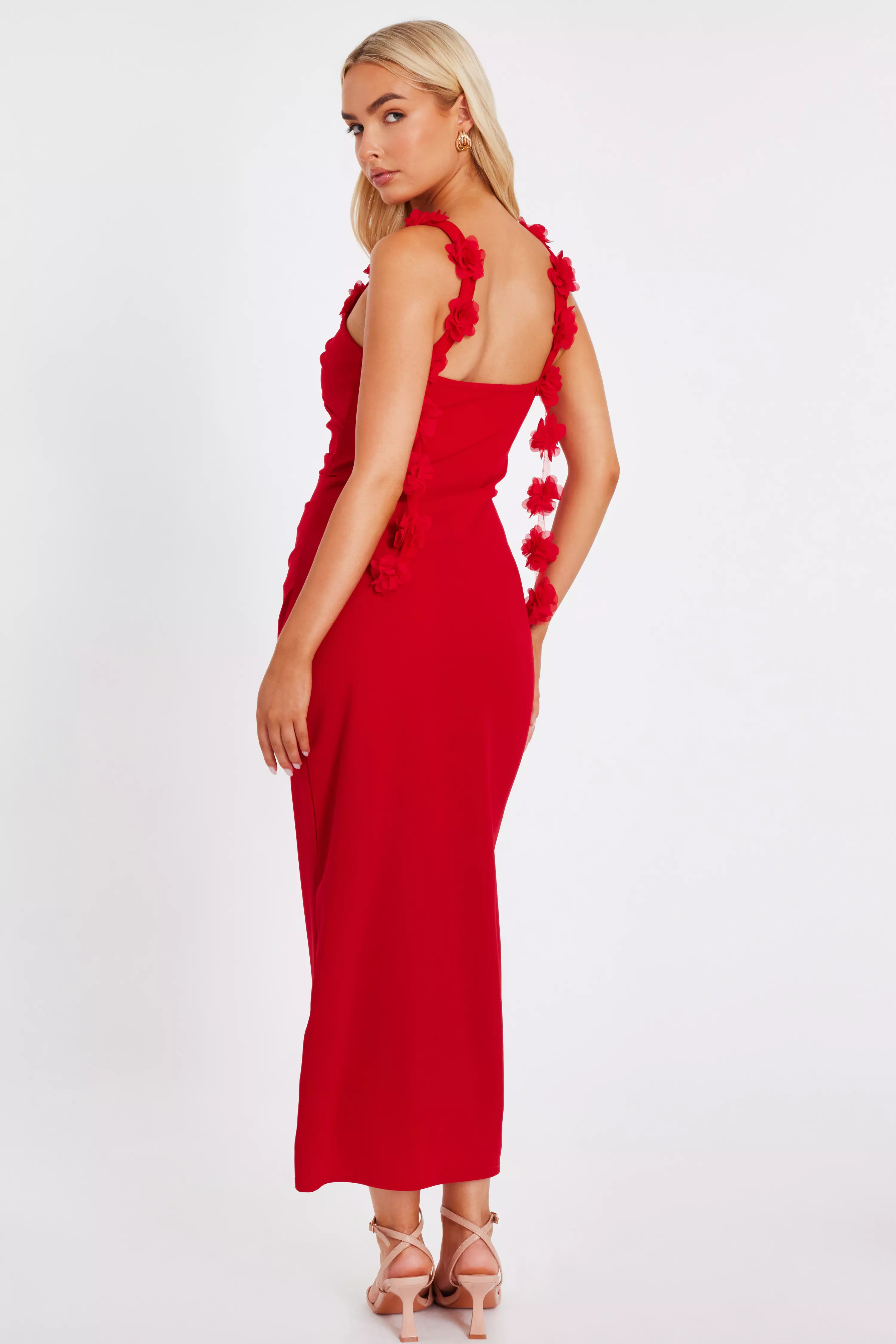 Red Floral Trim Midaxi Dress