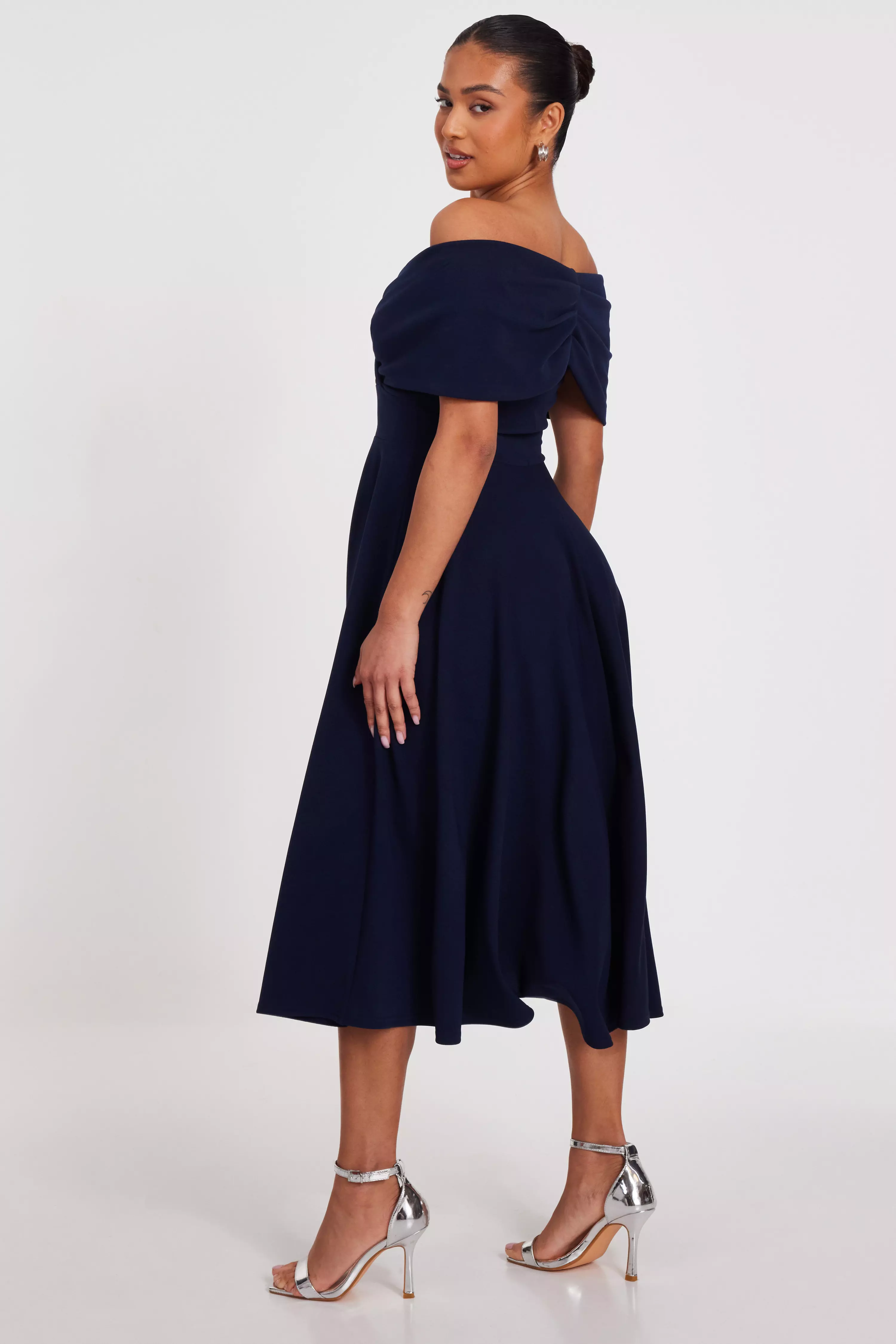 Petite Navy Bardot Midi Dress