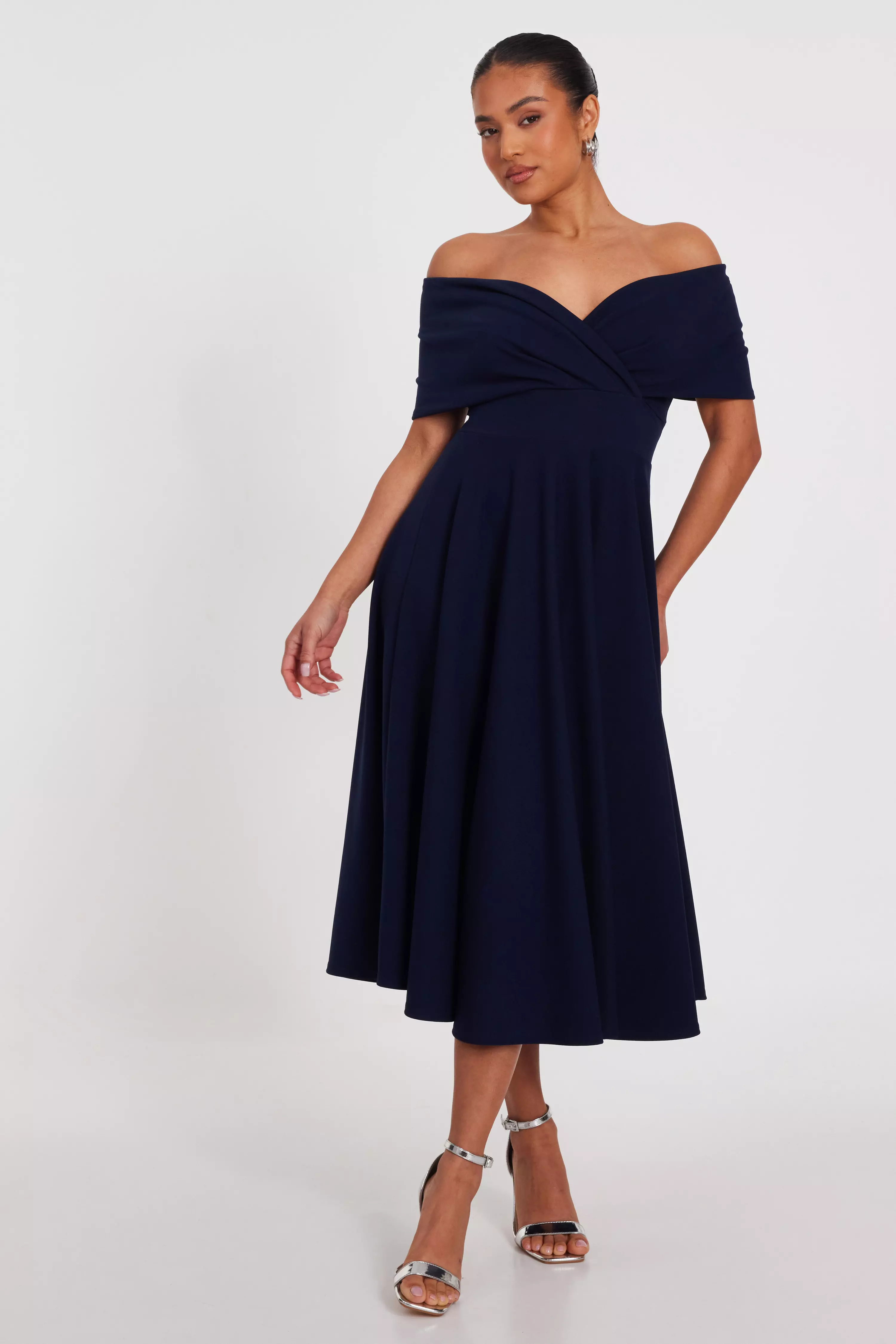 Petite Navy Bardot Midi Dress